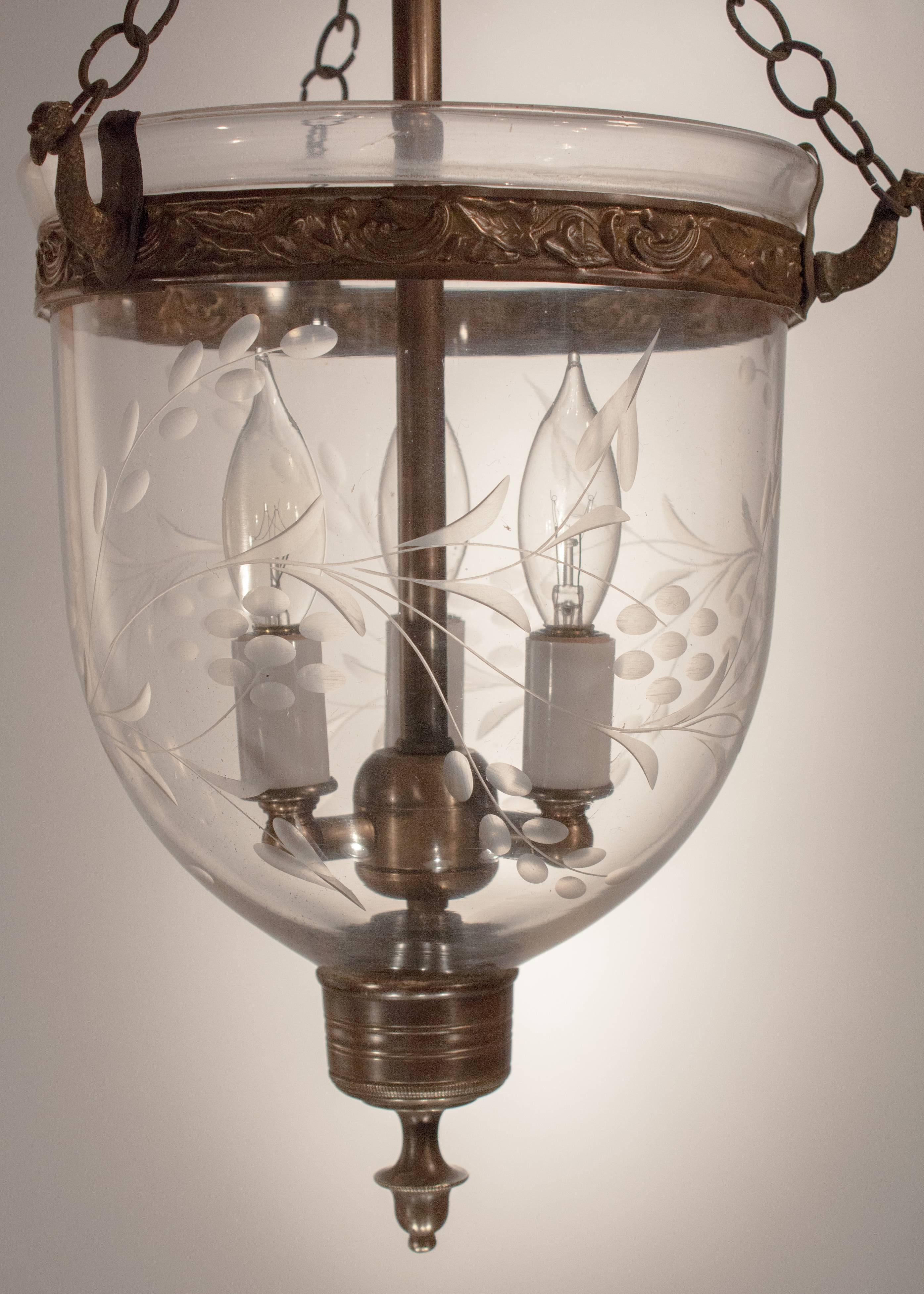 English Petite 19th Century Bell Jar Hall Lantern with Vine Etching