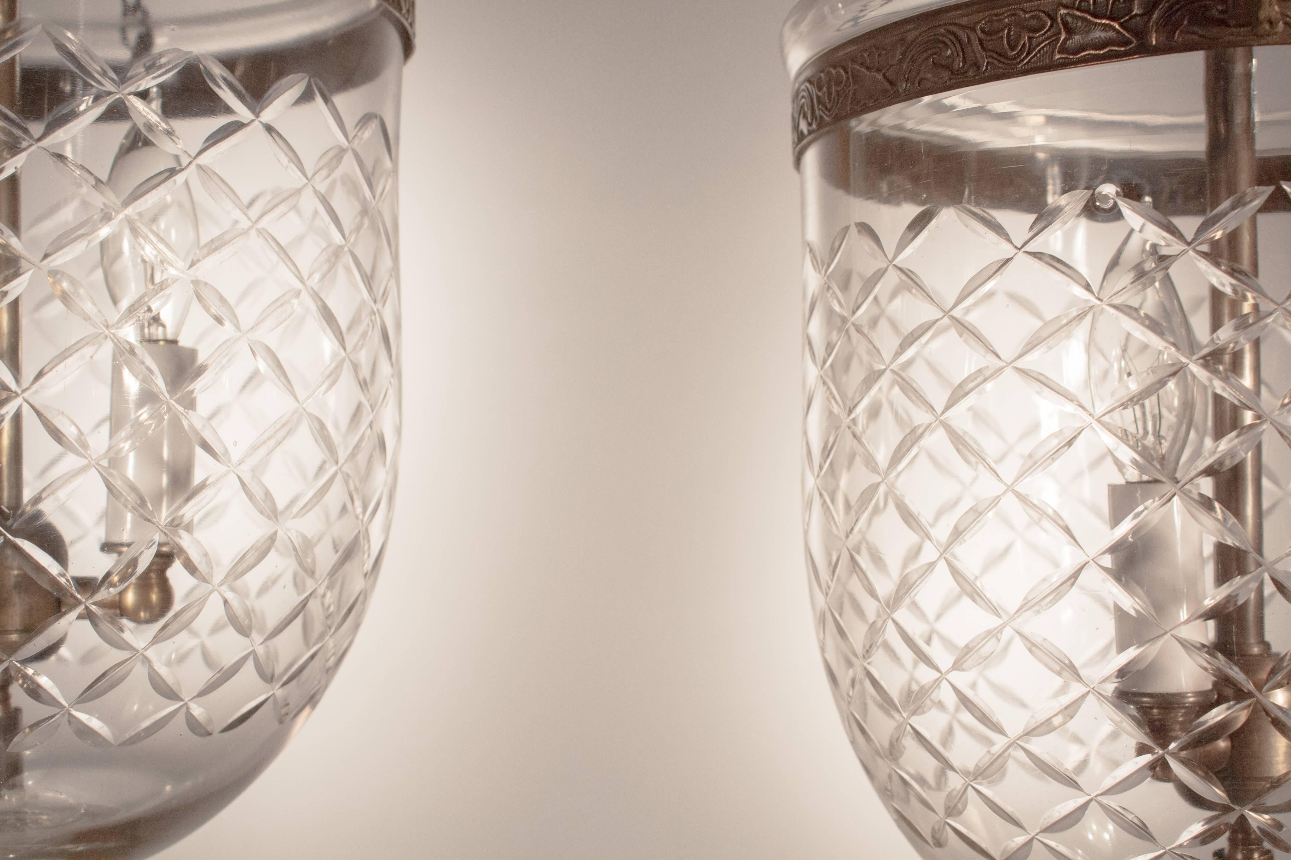 Regency Pair of Bell Jar Hall Lanterns with Diamond Etching