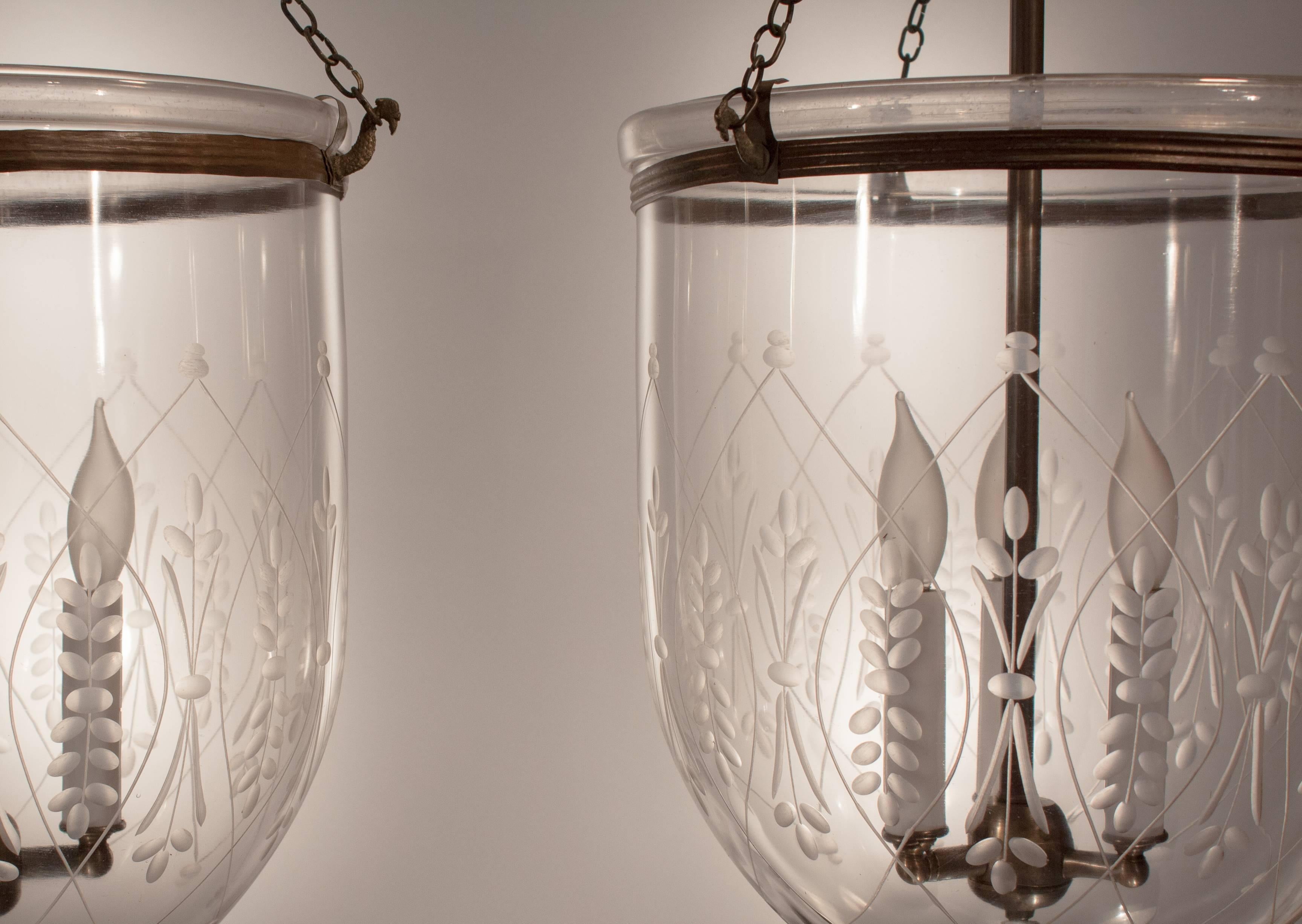Victorian Pair of Large 19th Century Bell Jar Lanterns with Wheat Etching