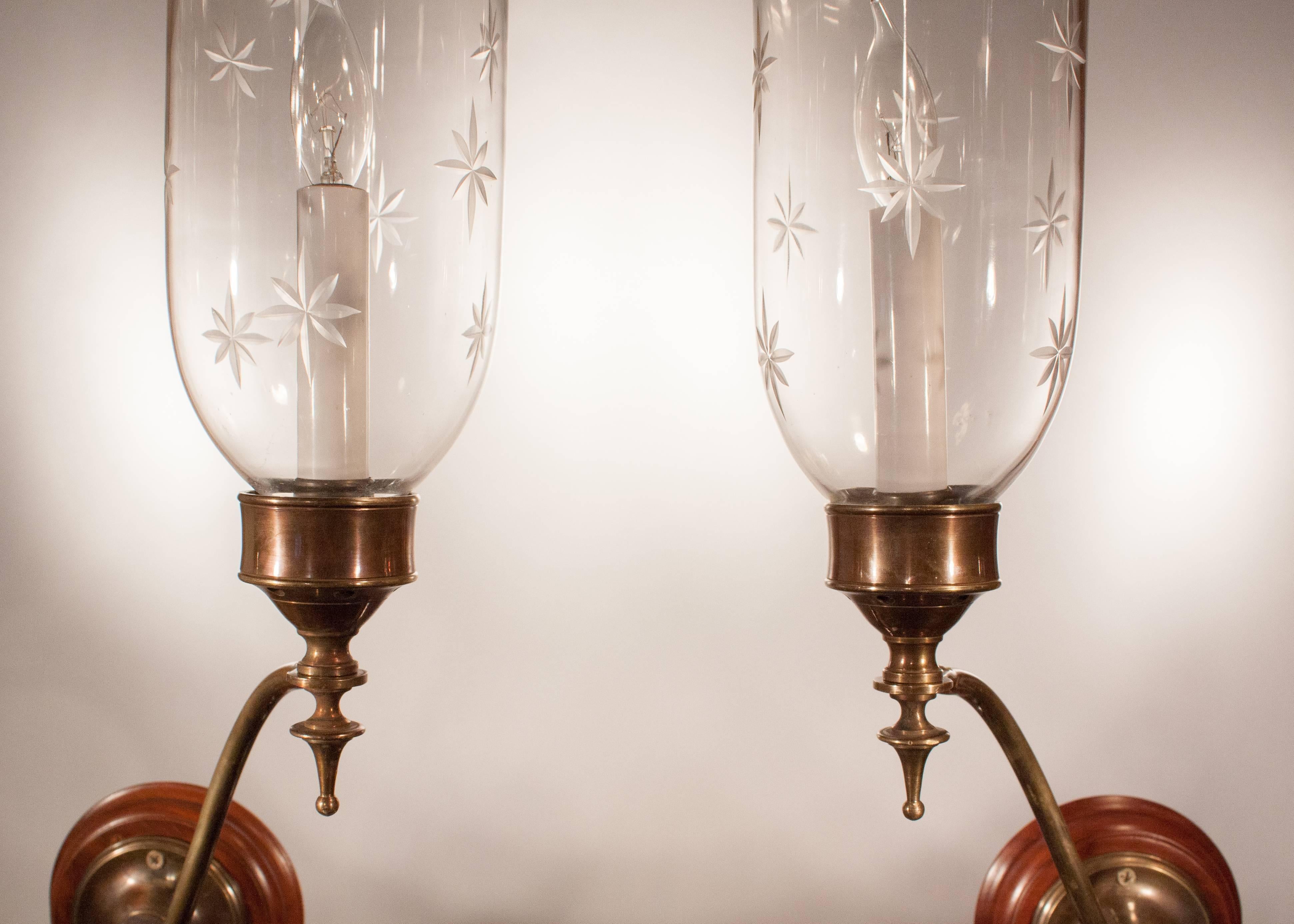 Glass Pair of 19th Century English Double Arm Hurricane Sconces