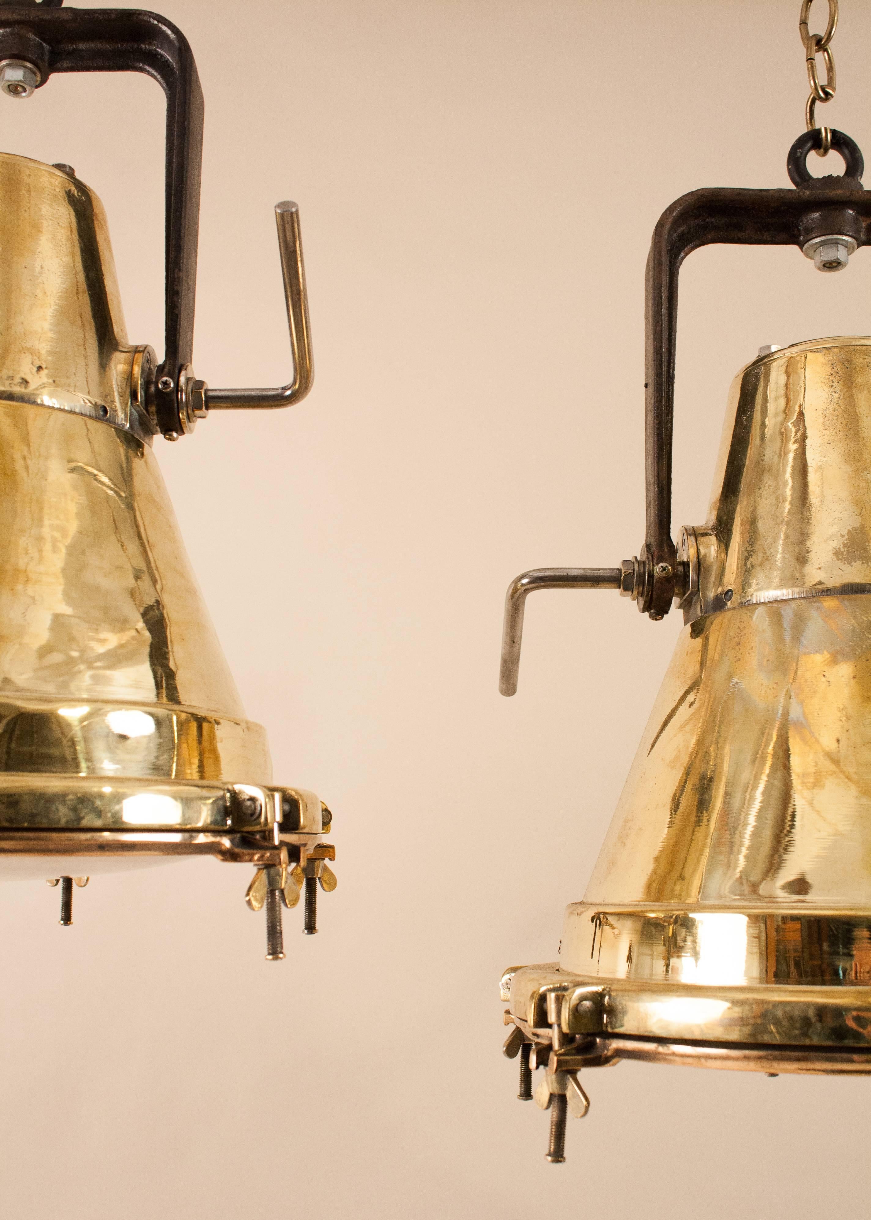 Pair of Large Vintage Brass Maritime Pendant Lights In Good Condition In Heath, MA