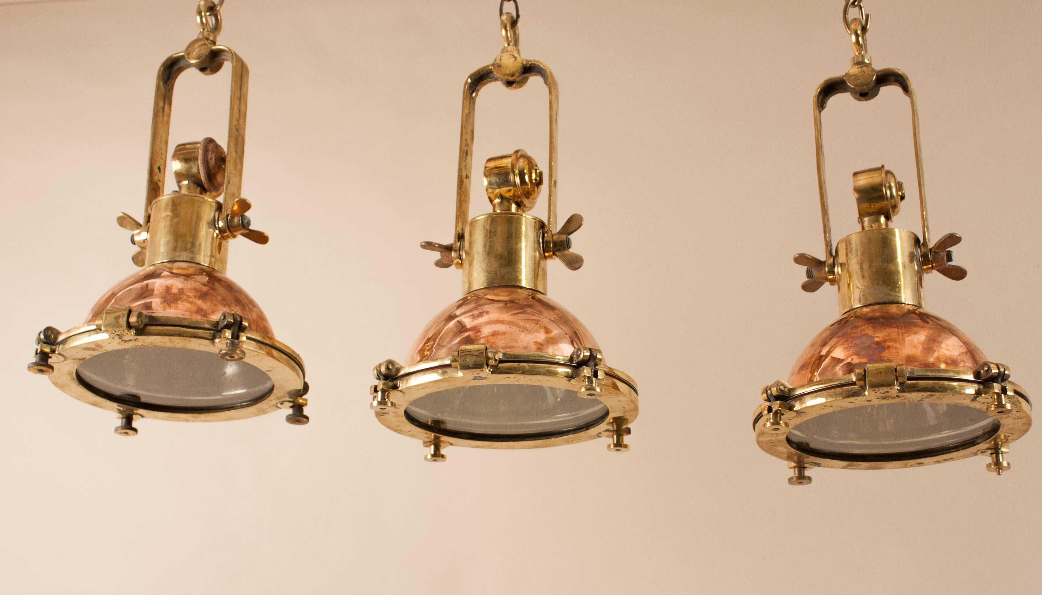 Industrial Set of Petite Copper and Brass Nautical Pendant Lights