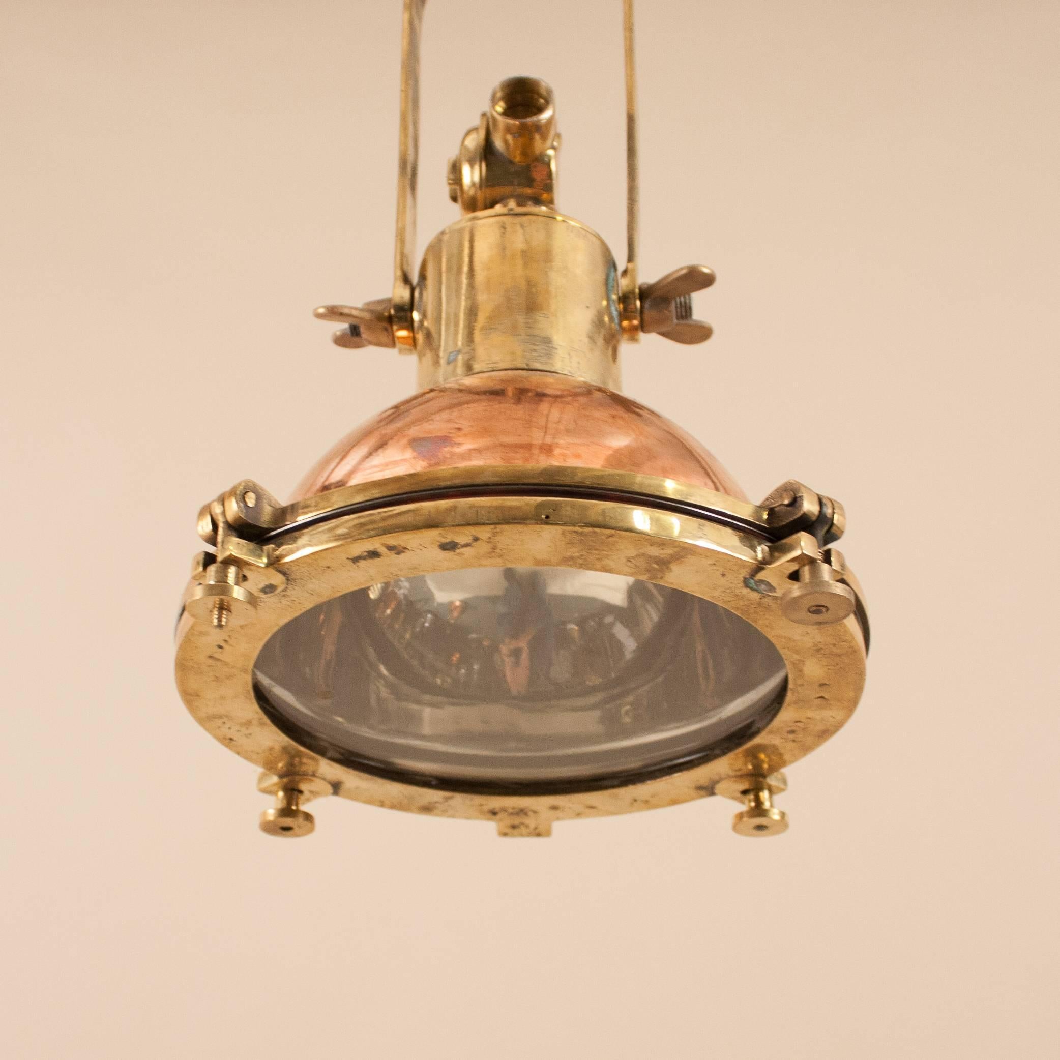 Set of Petite Copper and Brass Nautical Pendant Lights In Excellent Condition In Heath, MA