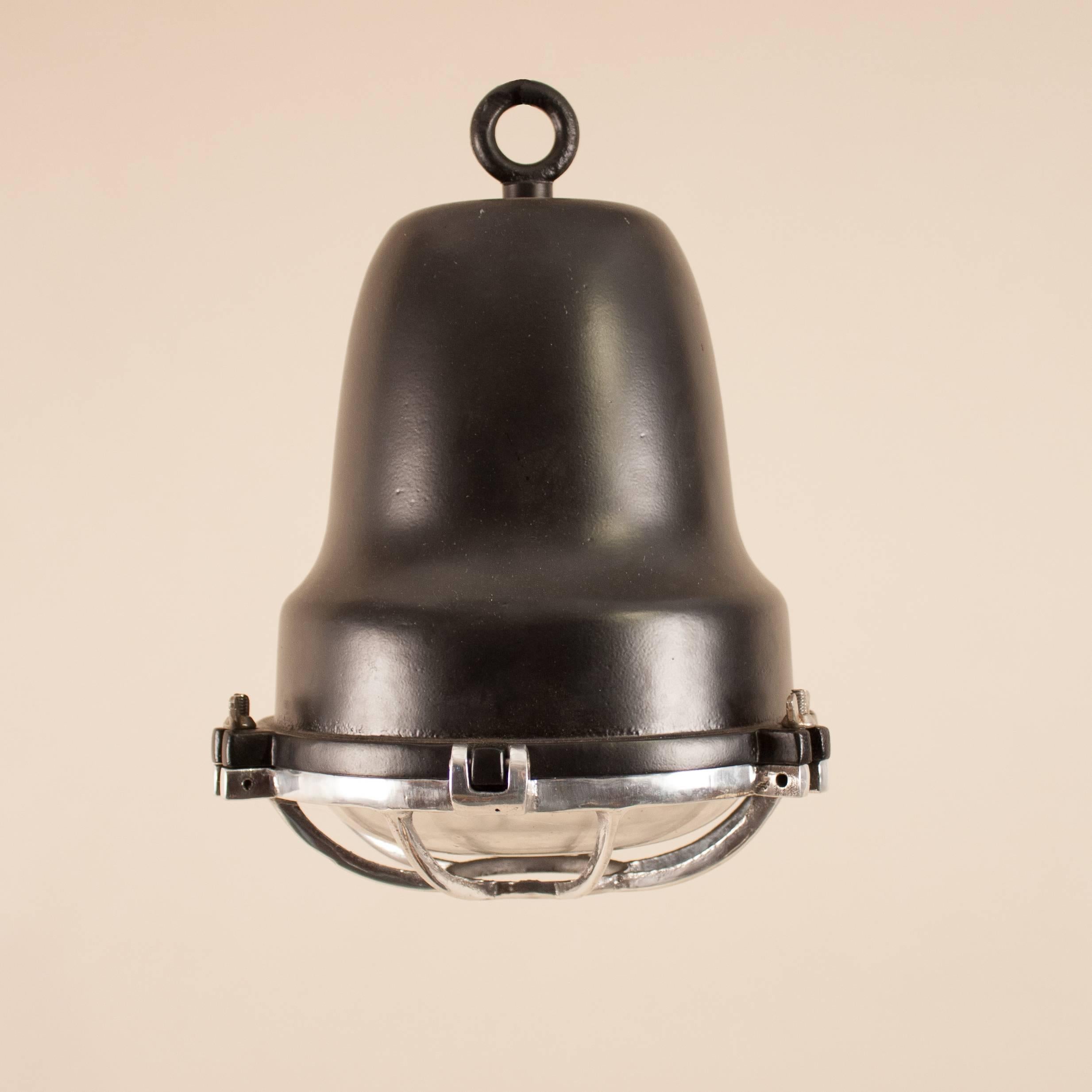 Industrial Pair of Aluminum and Black Painted Nautical Pendant Lights For Sale