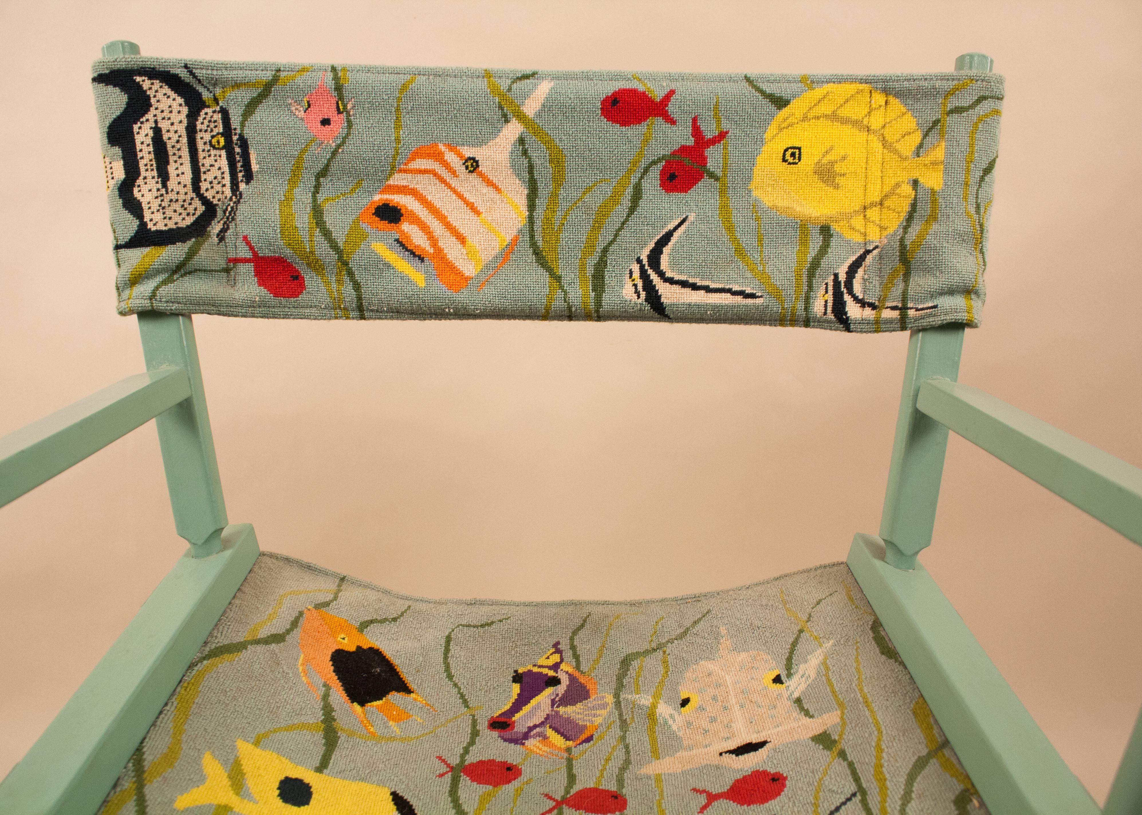 Hand-Crafted Director's Chair with Needlepoint Tropical Fish Fabric