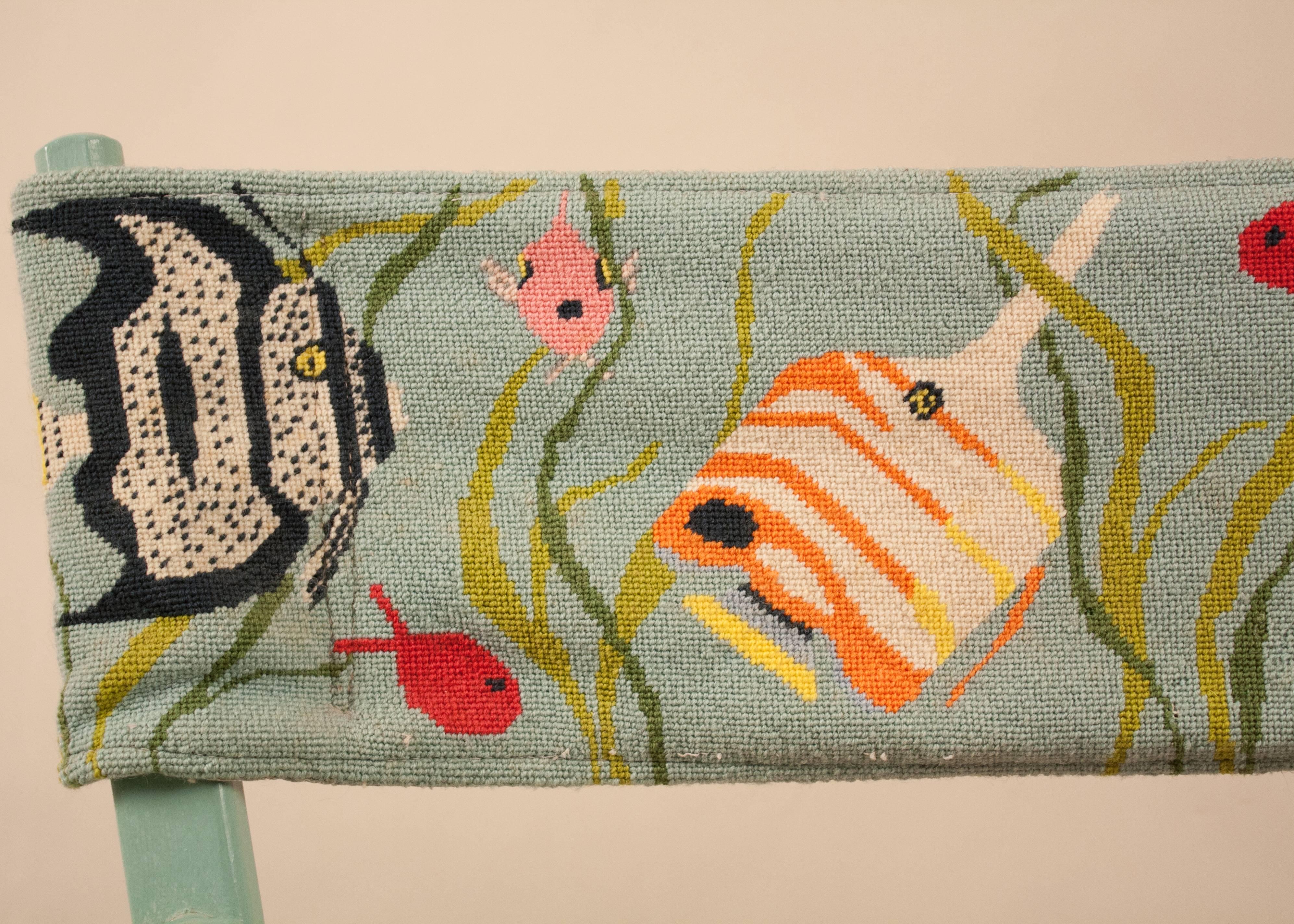 20th Century Director's Chair with Needlepoint Tropical Fish Fabric