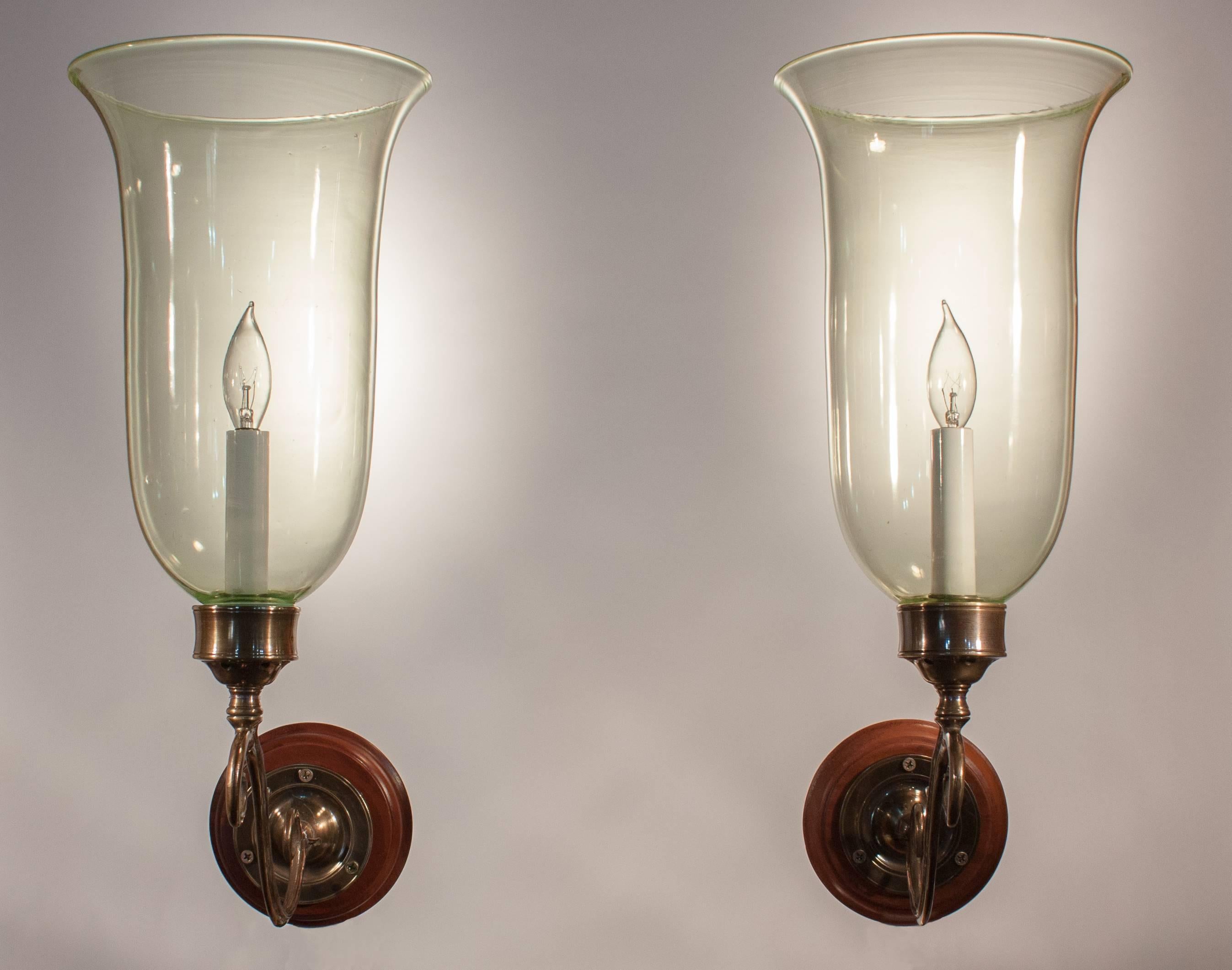 Pair of 19th Century English Hurricane Shade Sconces with Vaseline Tint 2