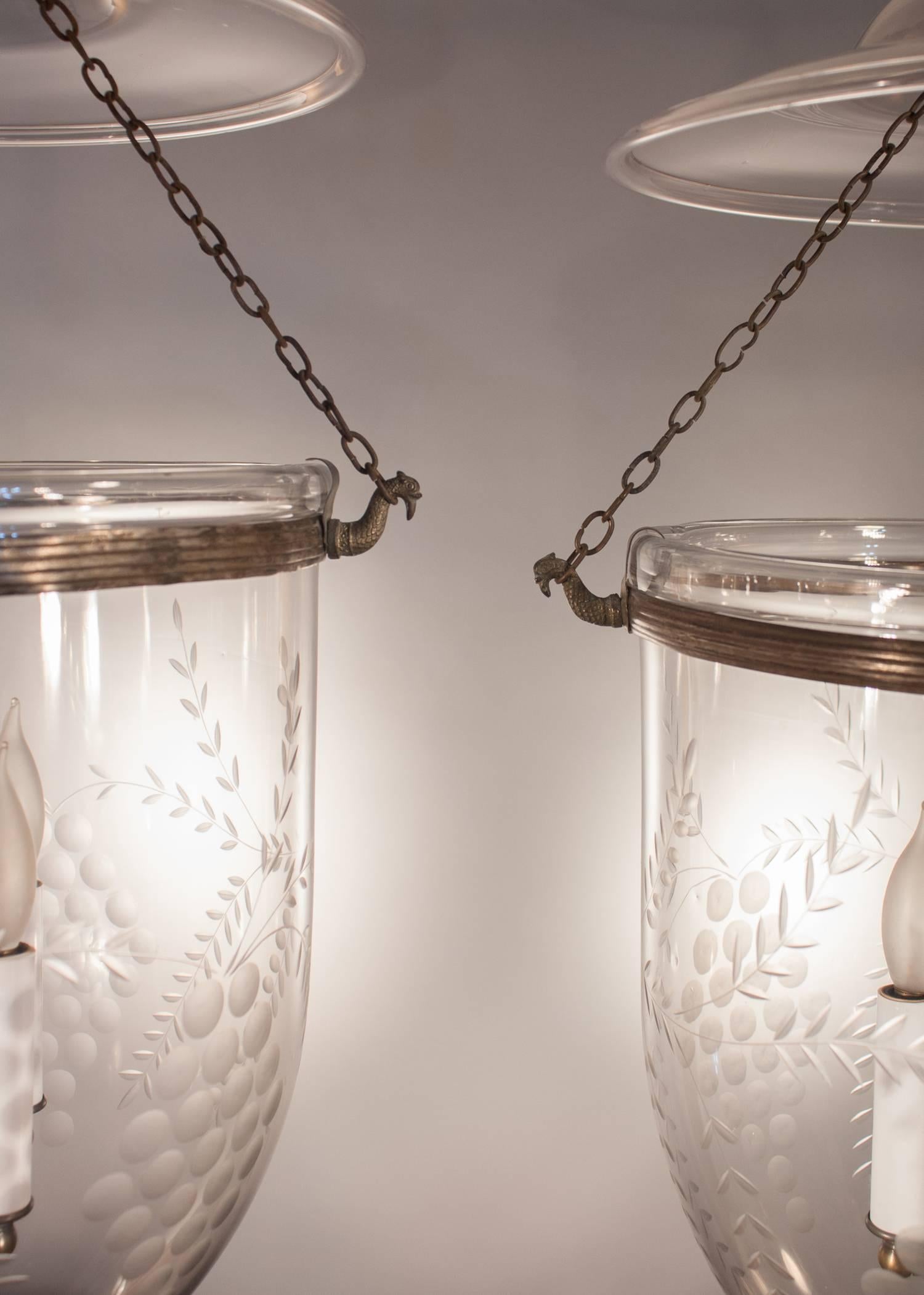 Regency Pair of Large English Bell Jar Lanterns with Grape Etching