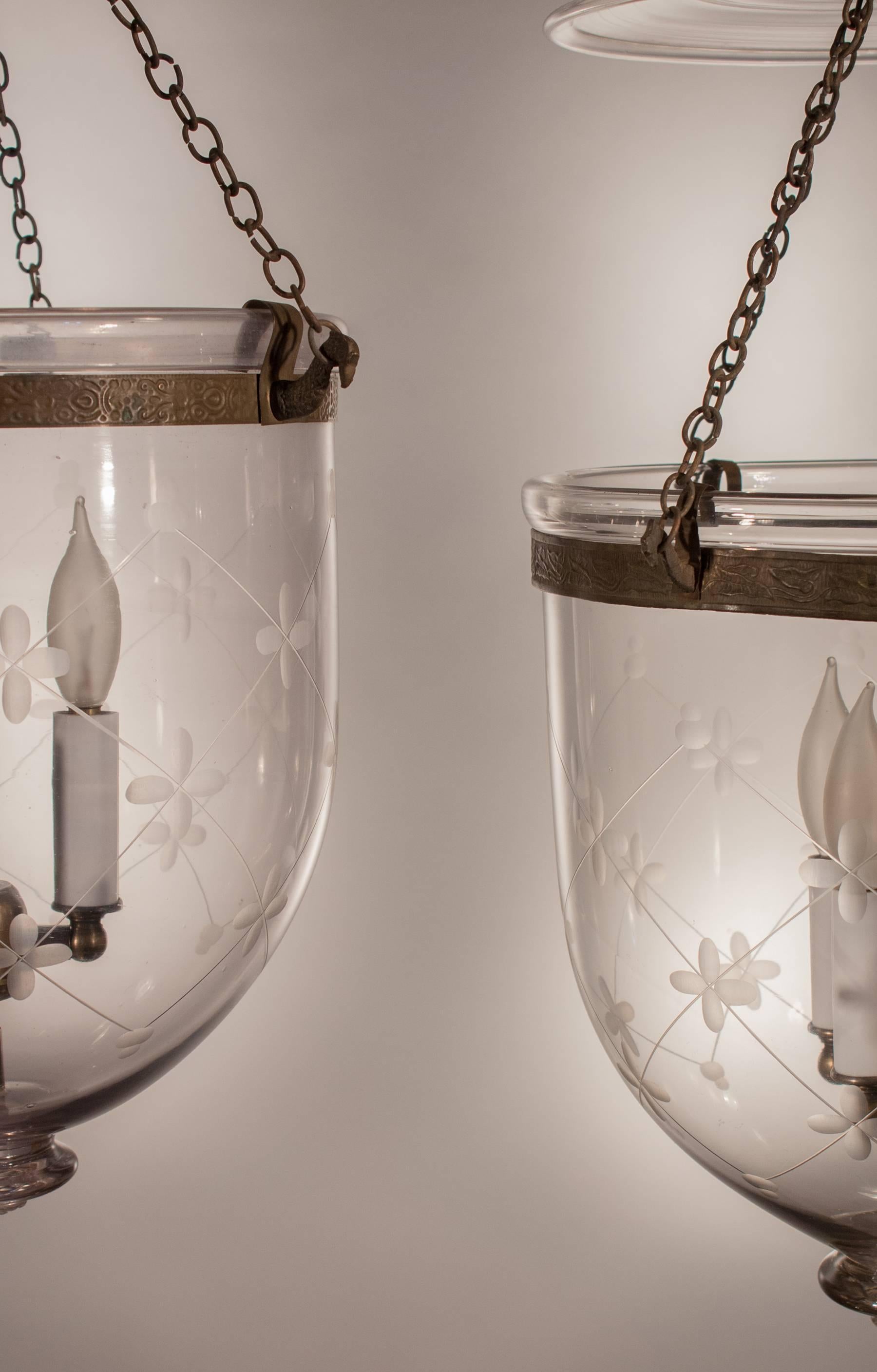 Regency Pair of 19th Century Bell Jar Lanterns with Trellis Etching