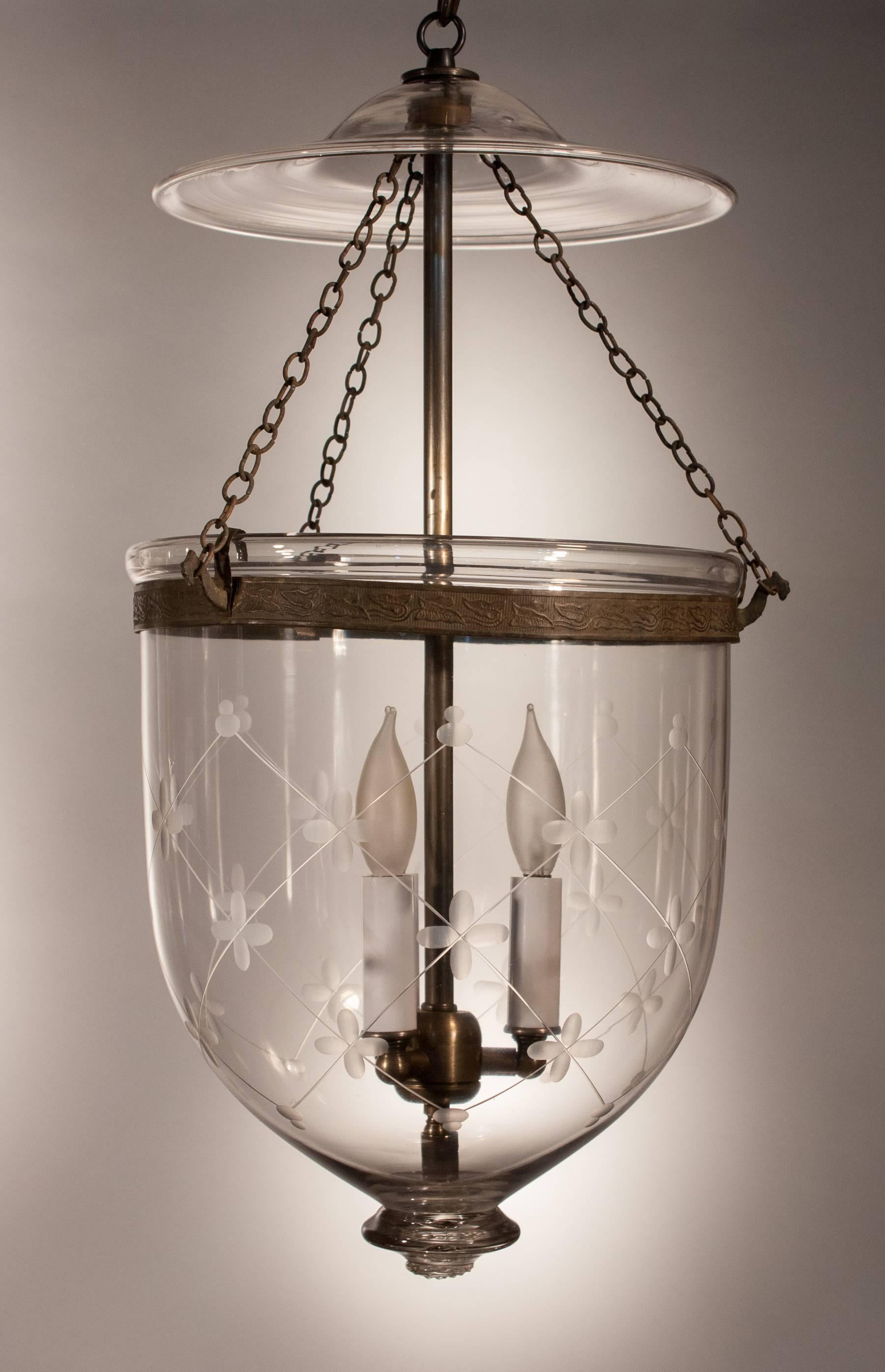 Embossed Pair of 19th Century Bell Jar Lanterns with Trellis Etching