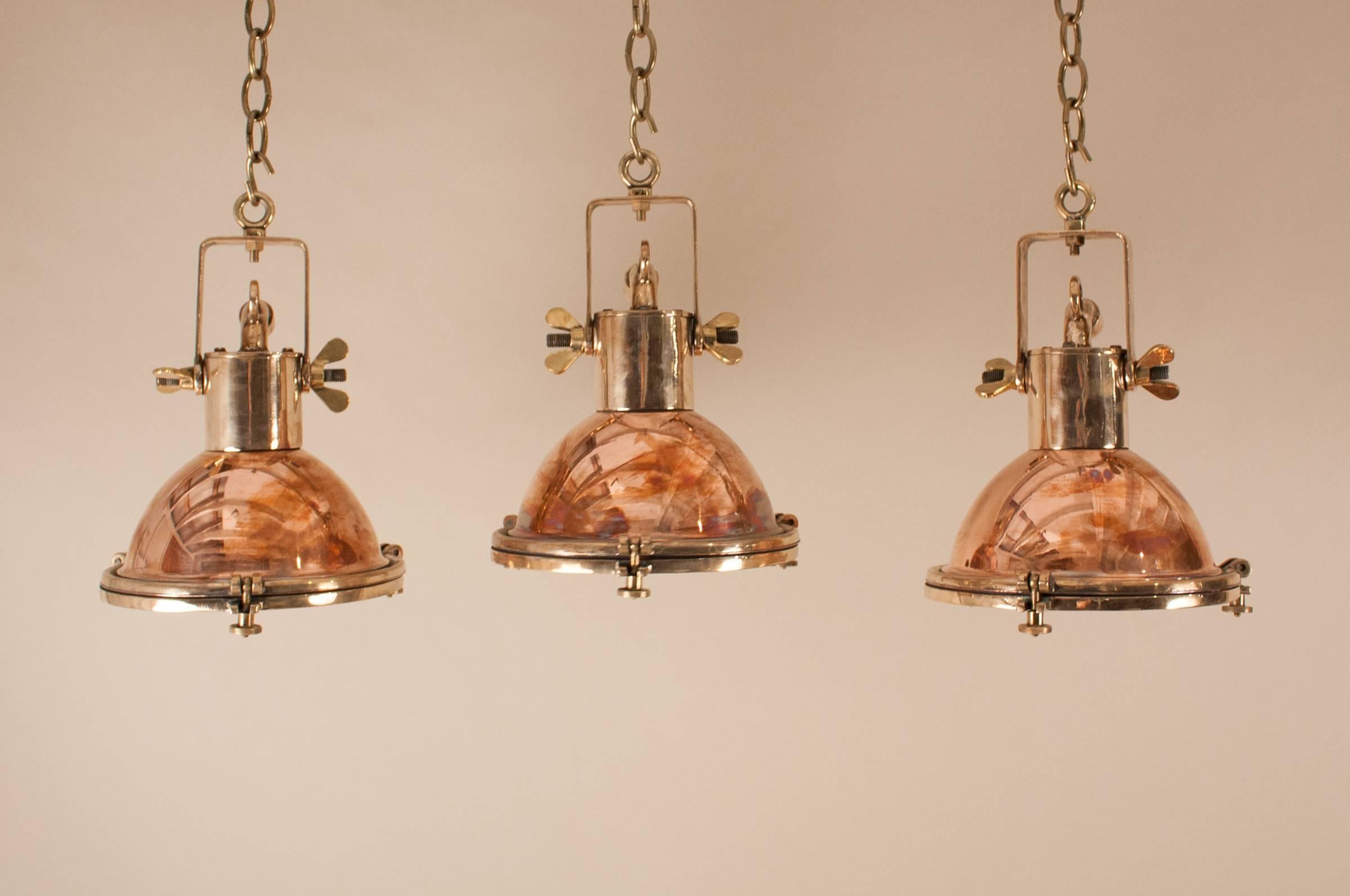 Industrial Set of Petite Copper and Brass Nautical Pendant Lights