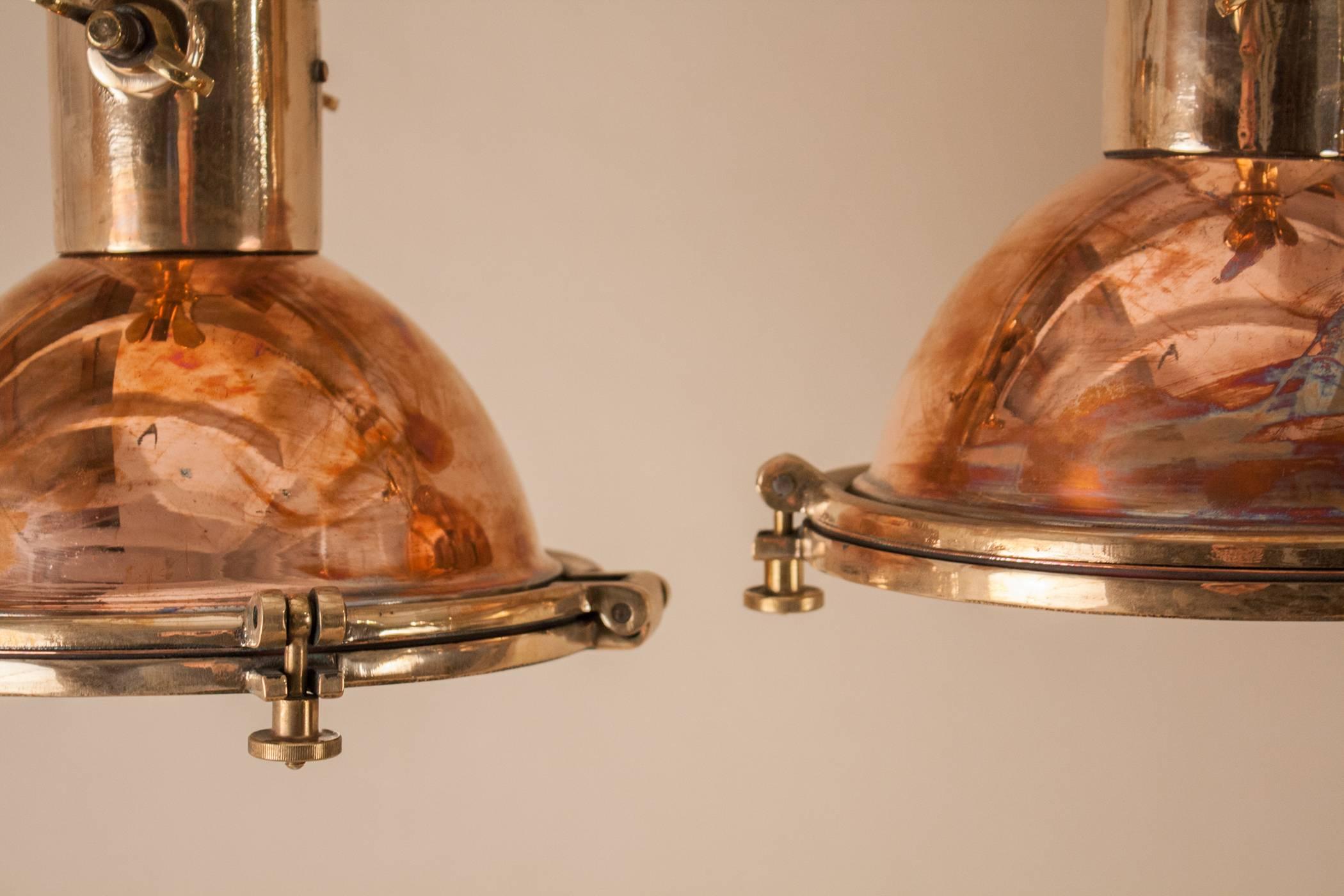 Set of Petite Copper and Brass Nautical Pendant Lights In Excellent Condition In Heath, MA