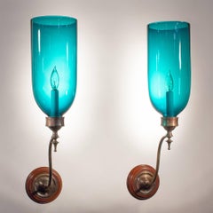 Pair of 19th Century Blue Green Teal Hurricane Shade Sconces