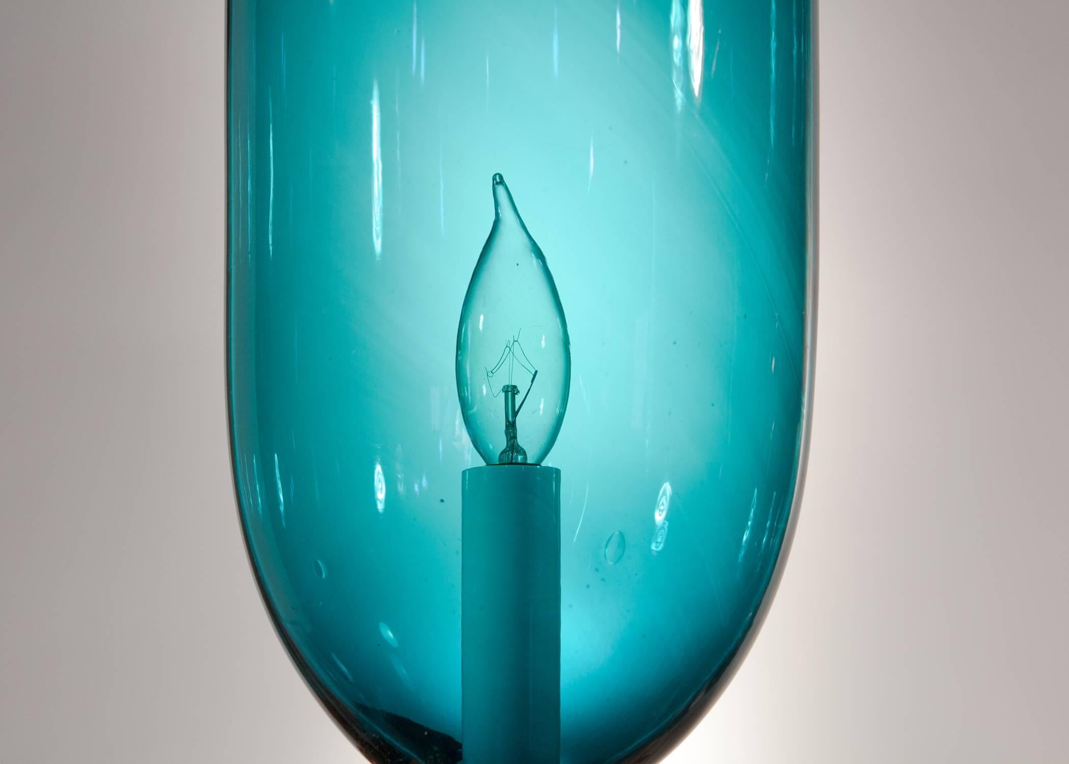 Glass Pair of 19th Century Blue Green Teal Hurricane Shade Sconces