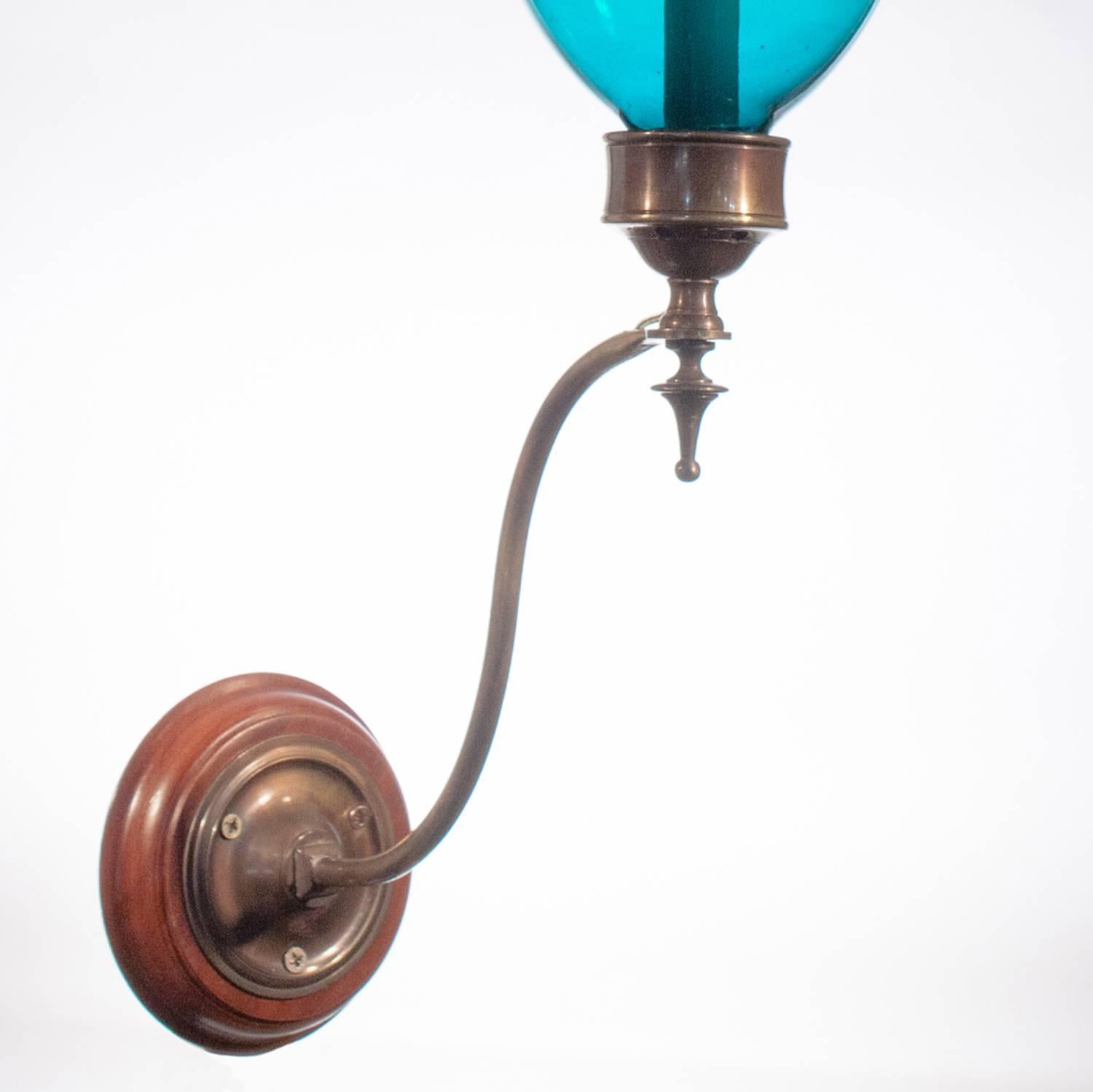 Pair of 19th Century Blue Green Teal Hurricane Shade Sconces 1