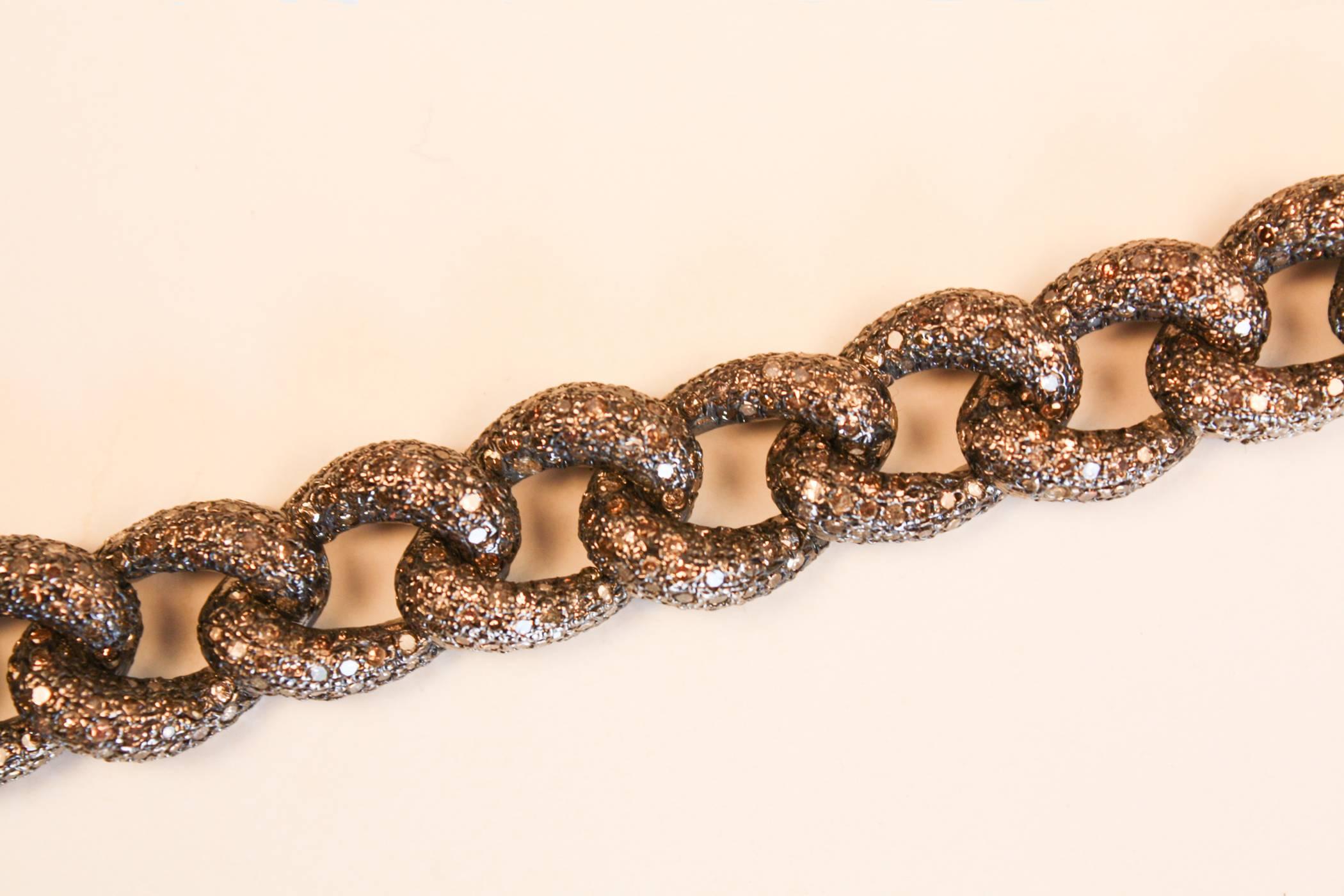 Diamond Sterling Silver Chain Link Bracelet In Excellent Condition For Sale In Heath, MA