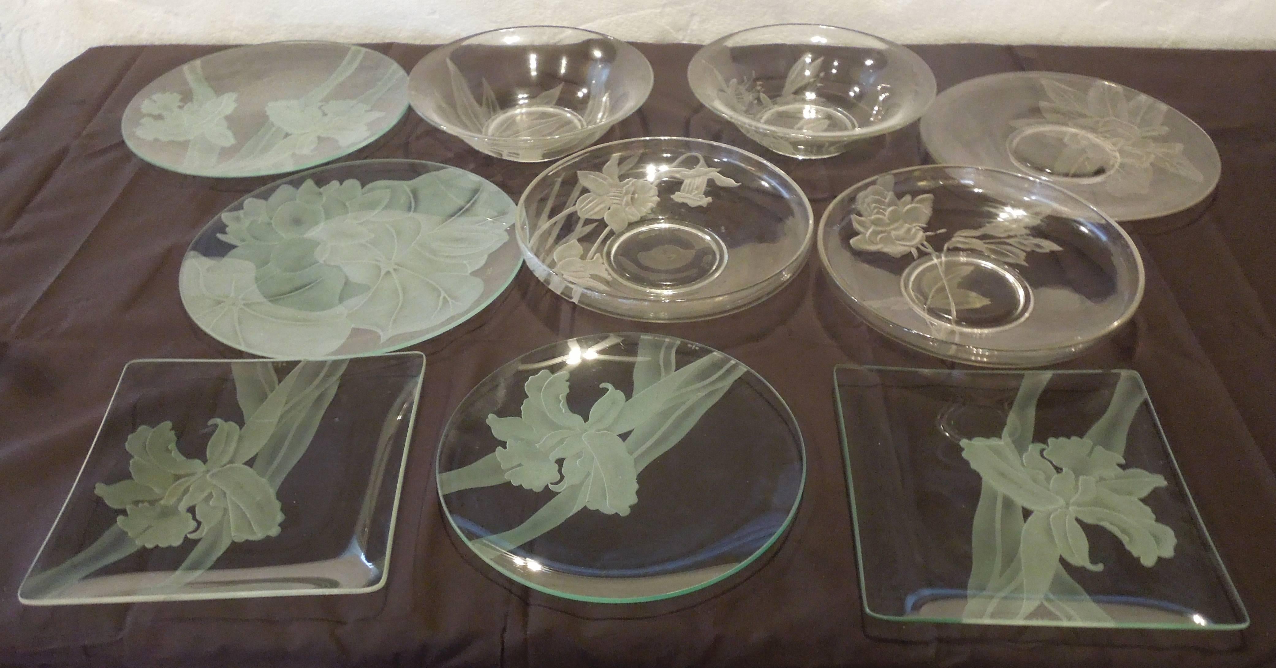 From a collection that took 30 years to collect, a rare set of all signed DTC (Dorothy Thorpe California) serving plates and bowls. All deeply hand etched inspired by Mrs. Thorpe love of flowers in Hawaii. When these were sold in the early 60s, they