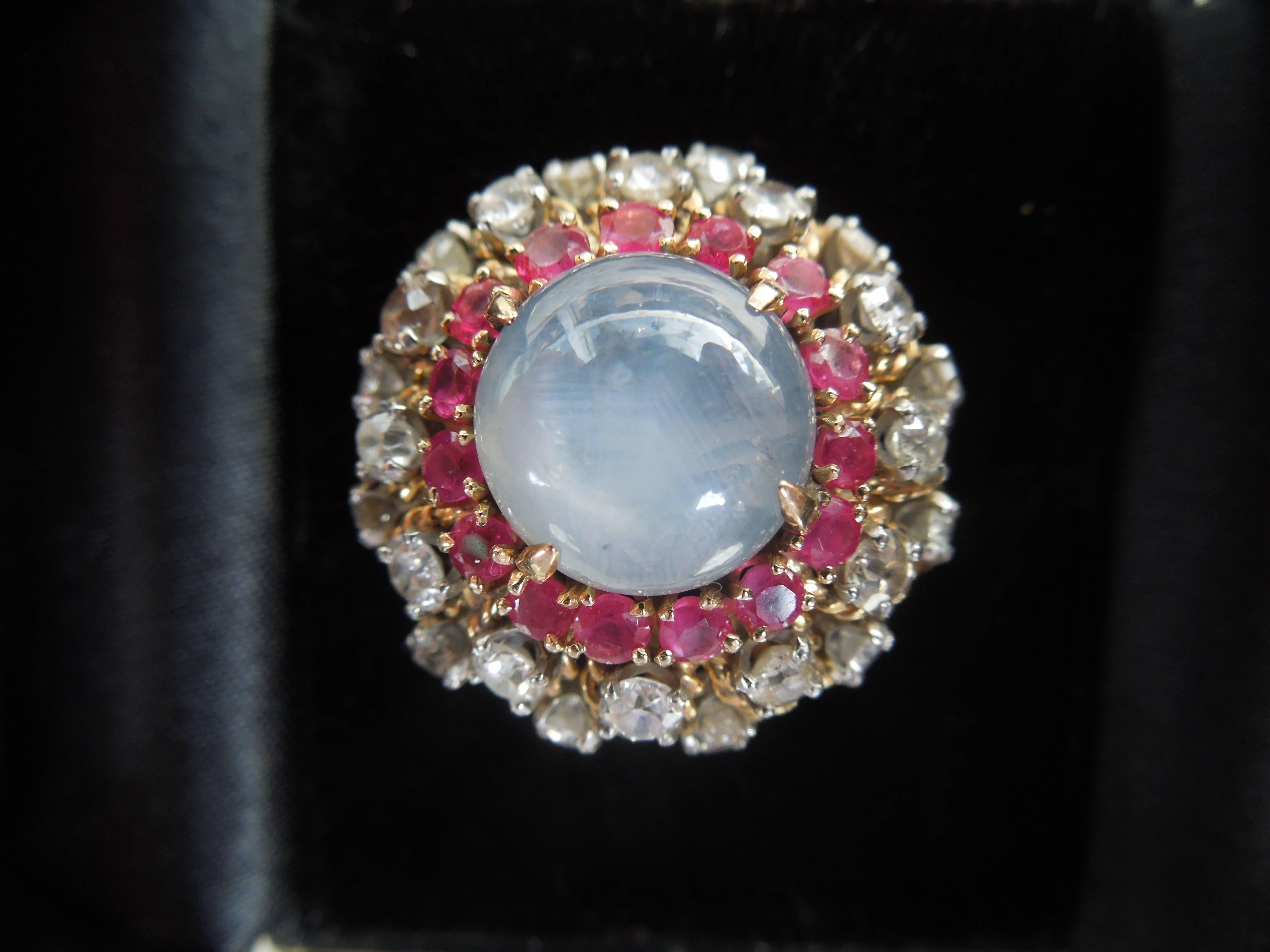 Hollywood Regency 1960s Palm Springs Fashion Cocktail Ring with Diamonds, Rubies and Star Saphire