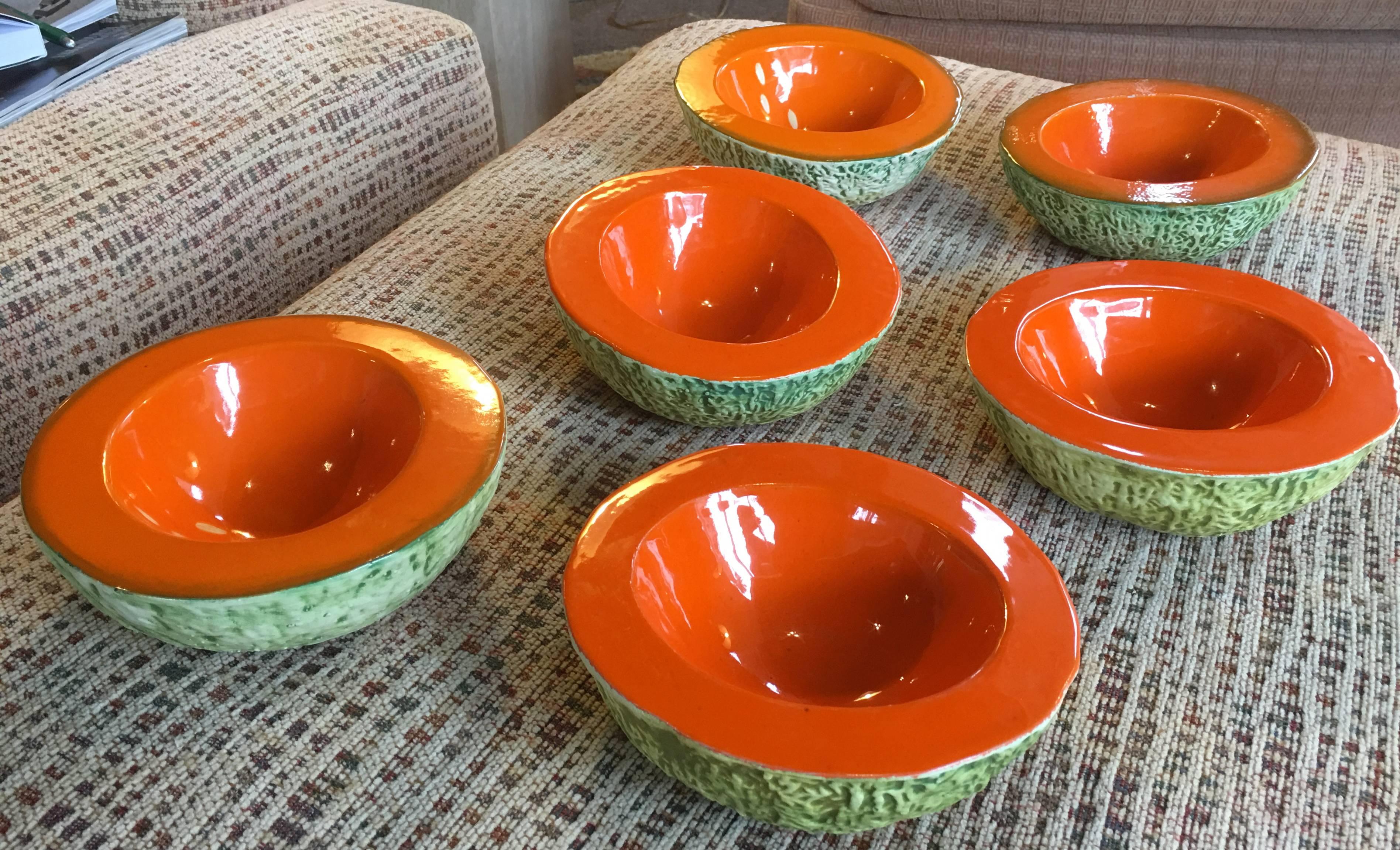 Set of Six Rare Mid-Century Italian Cantaloupe Bowls by Langbein