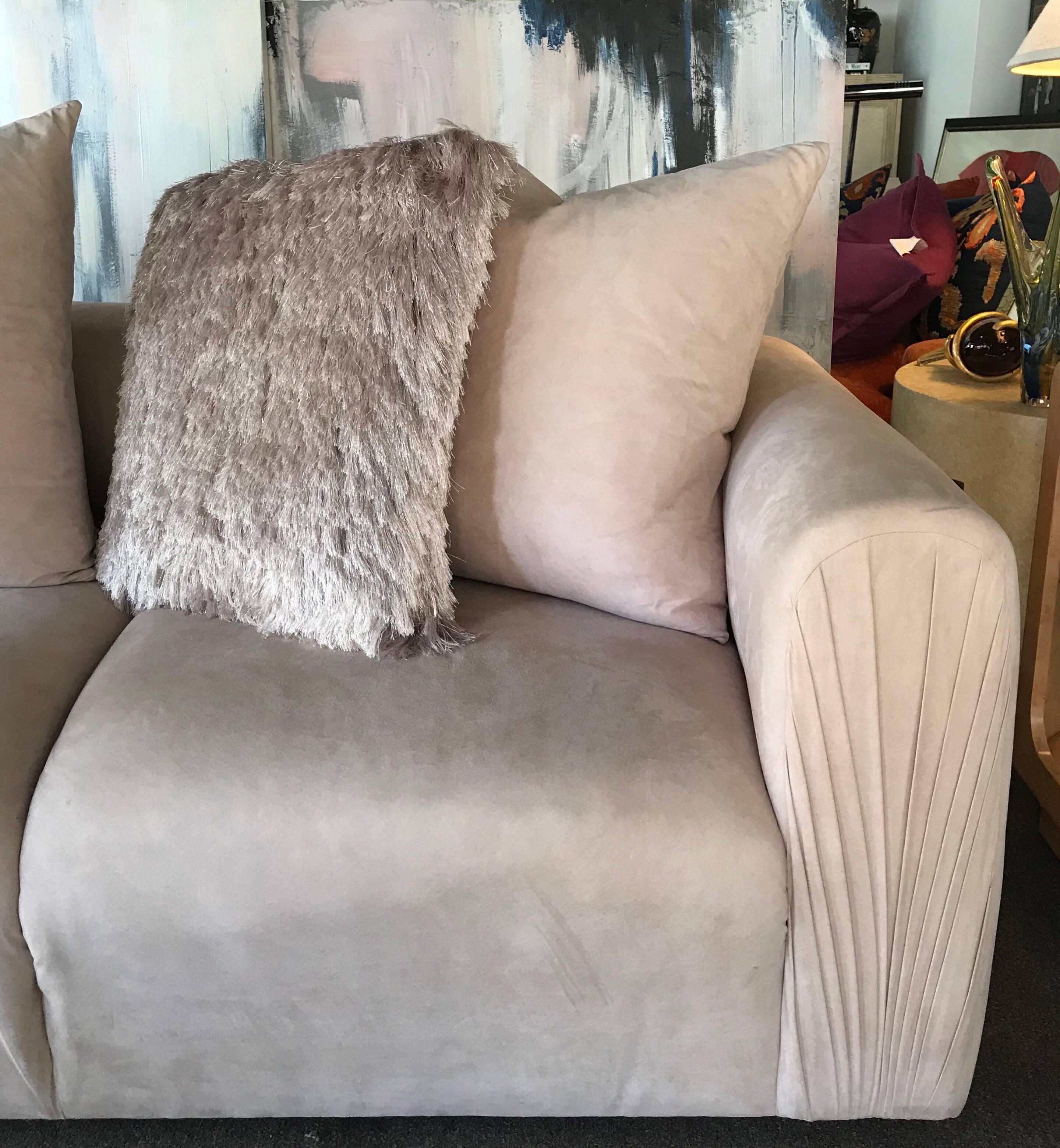 Modern Ruched Arm Sofa With Matching Pillows in Blush Ultrasuede at