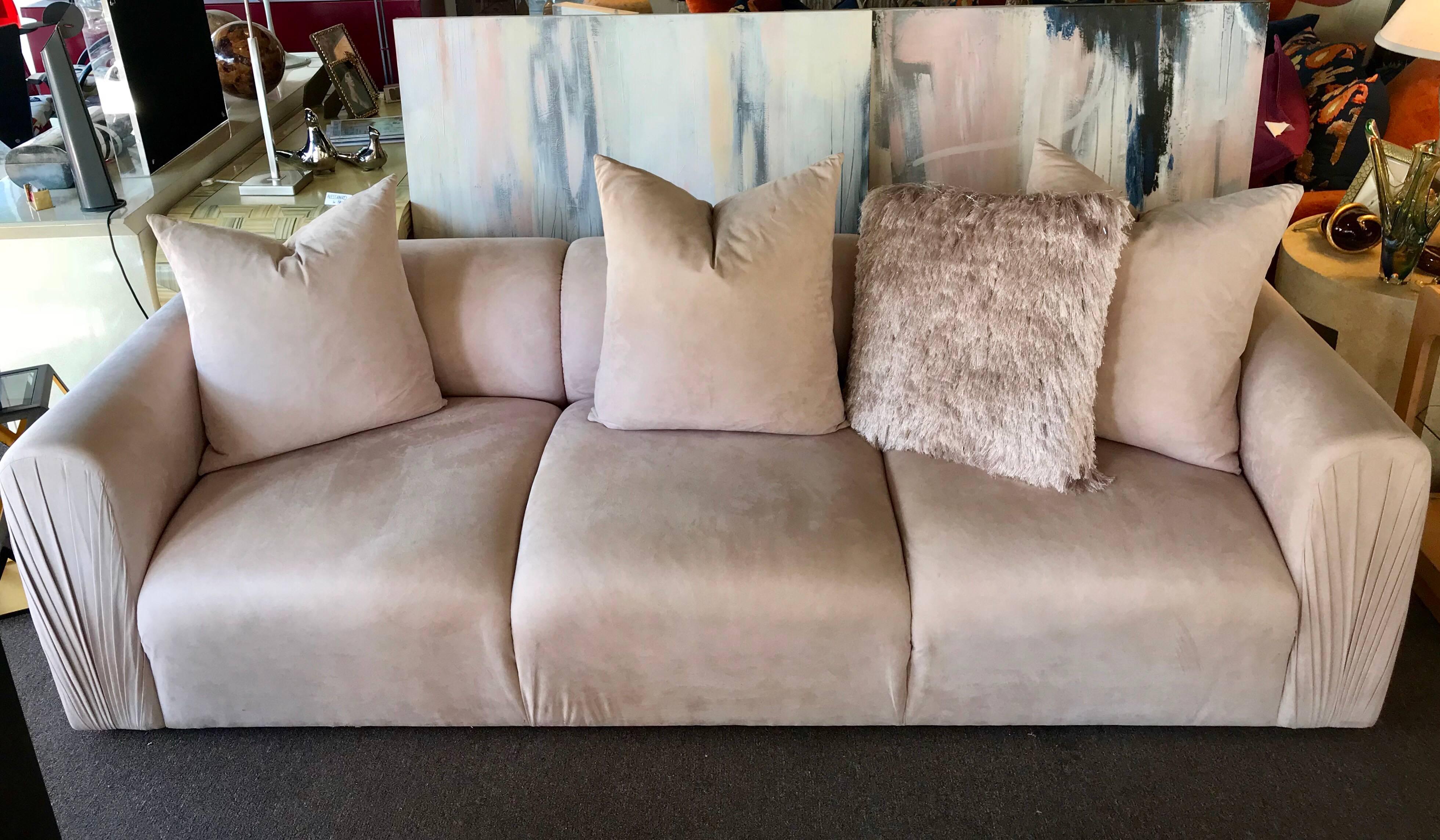 American  Modern Ruched Arm Sofa With Matching Pillows in Blush Ultrasuede