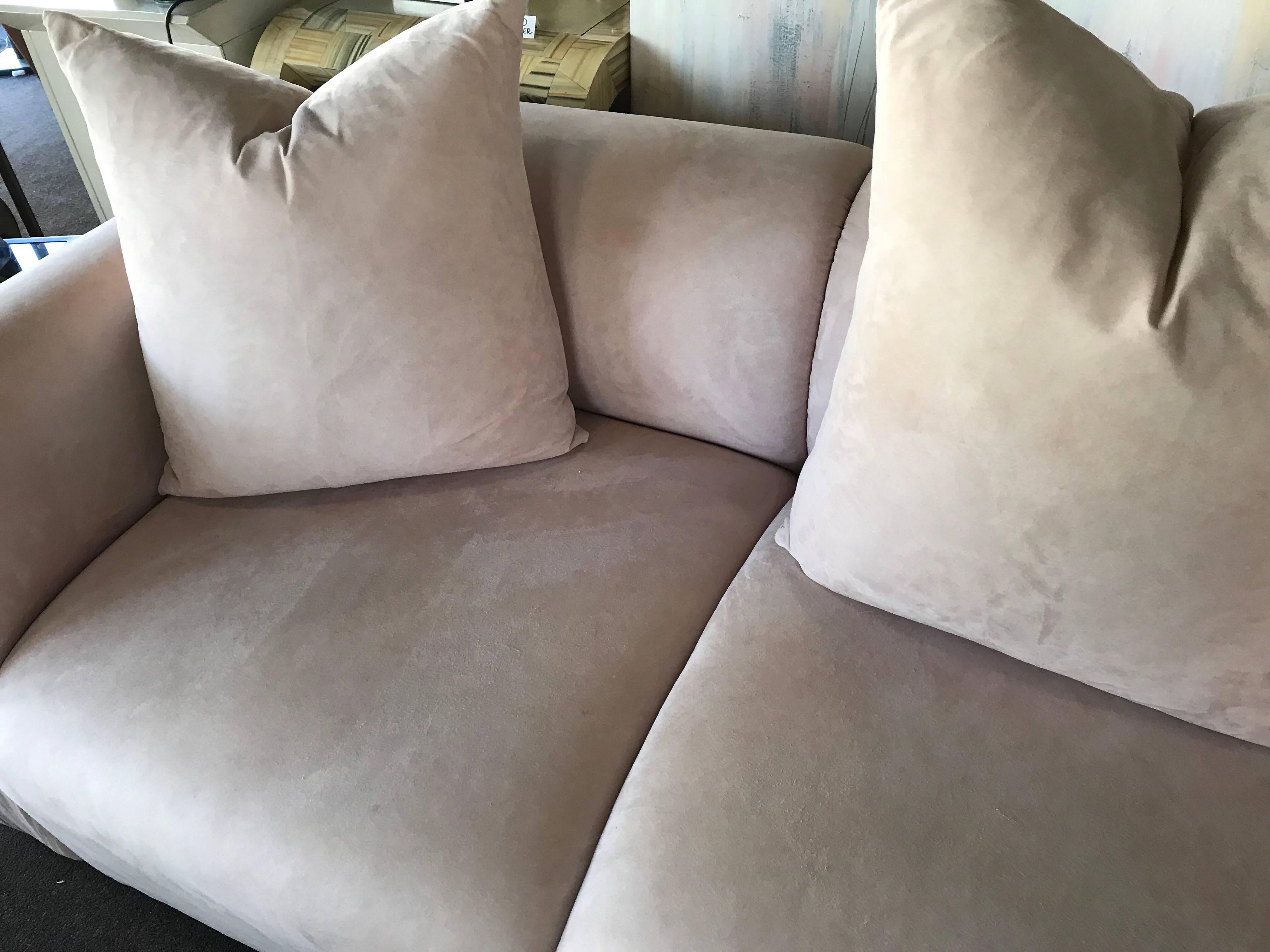 Hand-Crafted  Modern Ruched Arm Sofa With Matching Pillows in Blush Ultrasuede