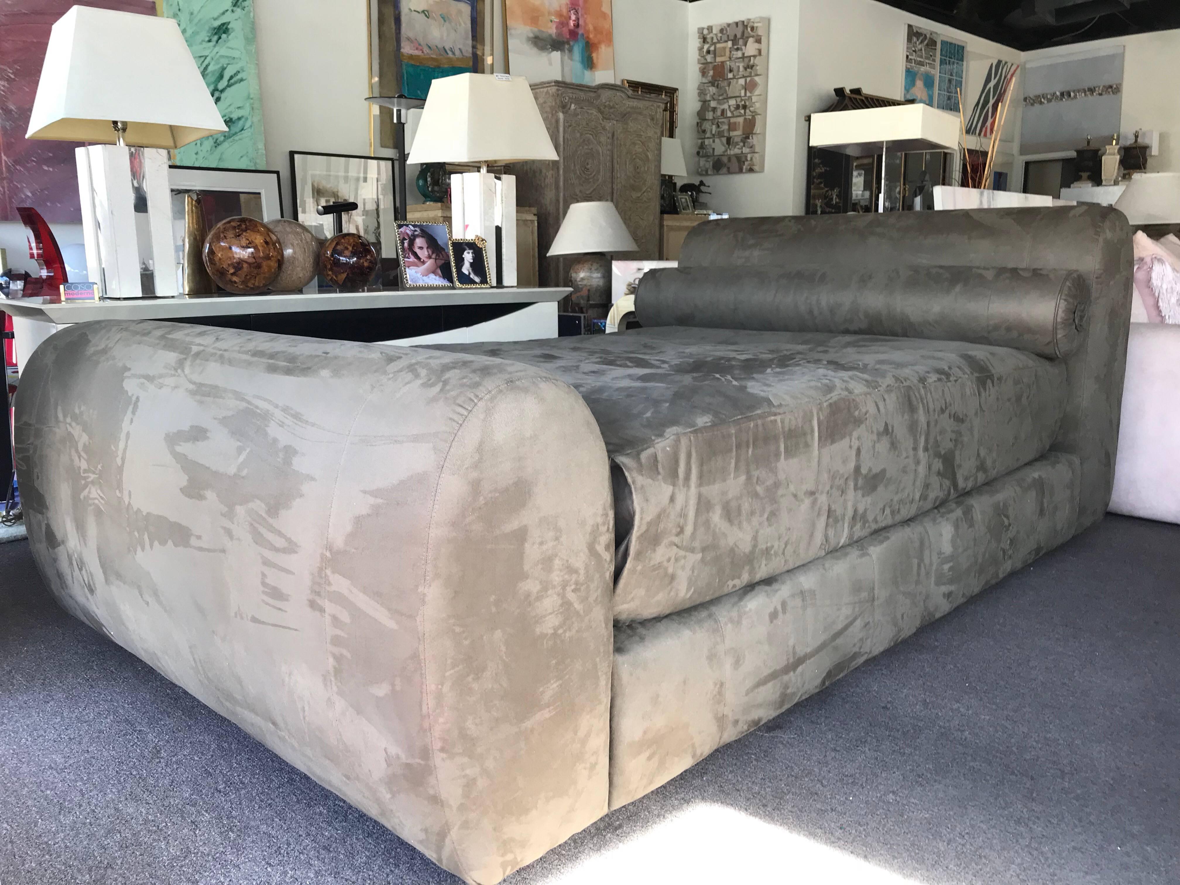 Steve Chase Sexy Ultra Suede Queen Size Bed with Matching Cover and Bolster In Excellent Condition In Palm Springs, CA