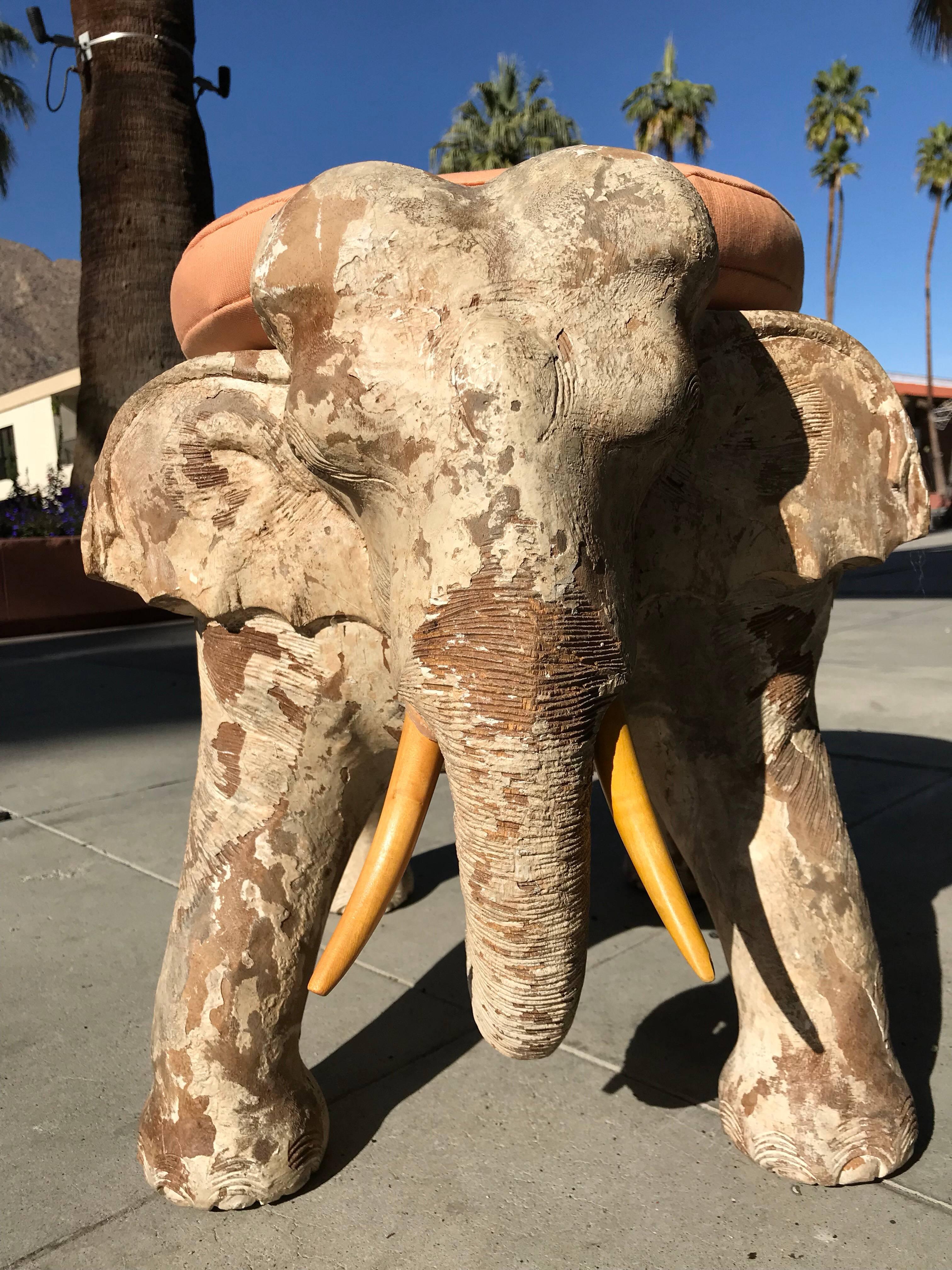 Pair of Antiqued Solid Wood Elephant Stools from the Sinatra Estate  In Excellent Condition In Palm Springs, CA