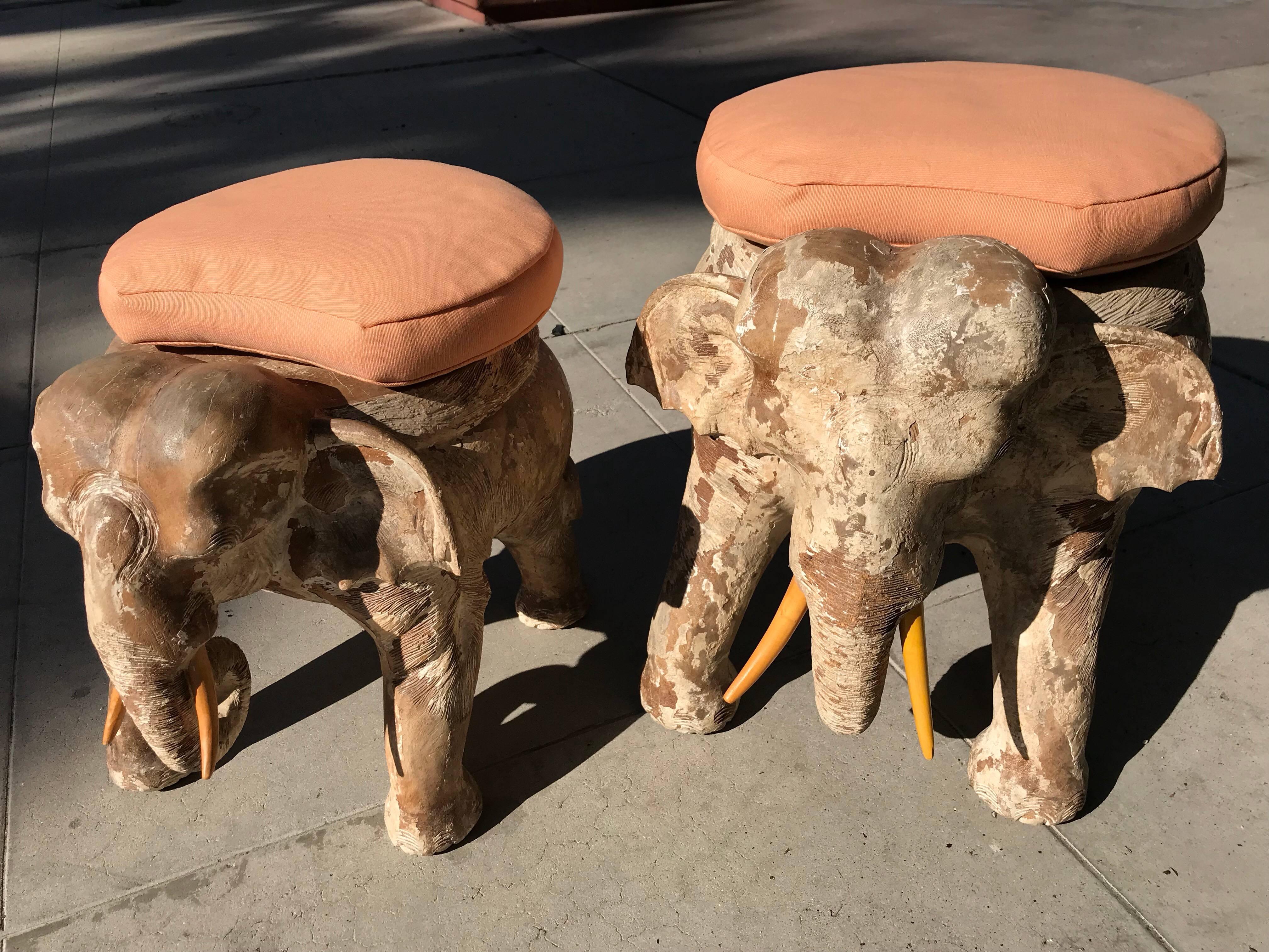 Unknown Pair of Antiqued Solid Wood Elephant Stools from the Sinatra Estate 