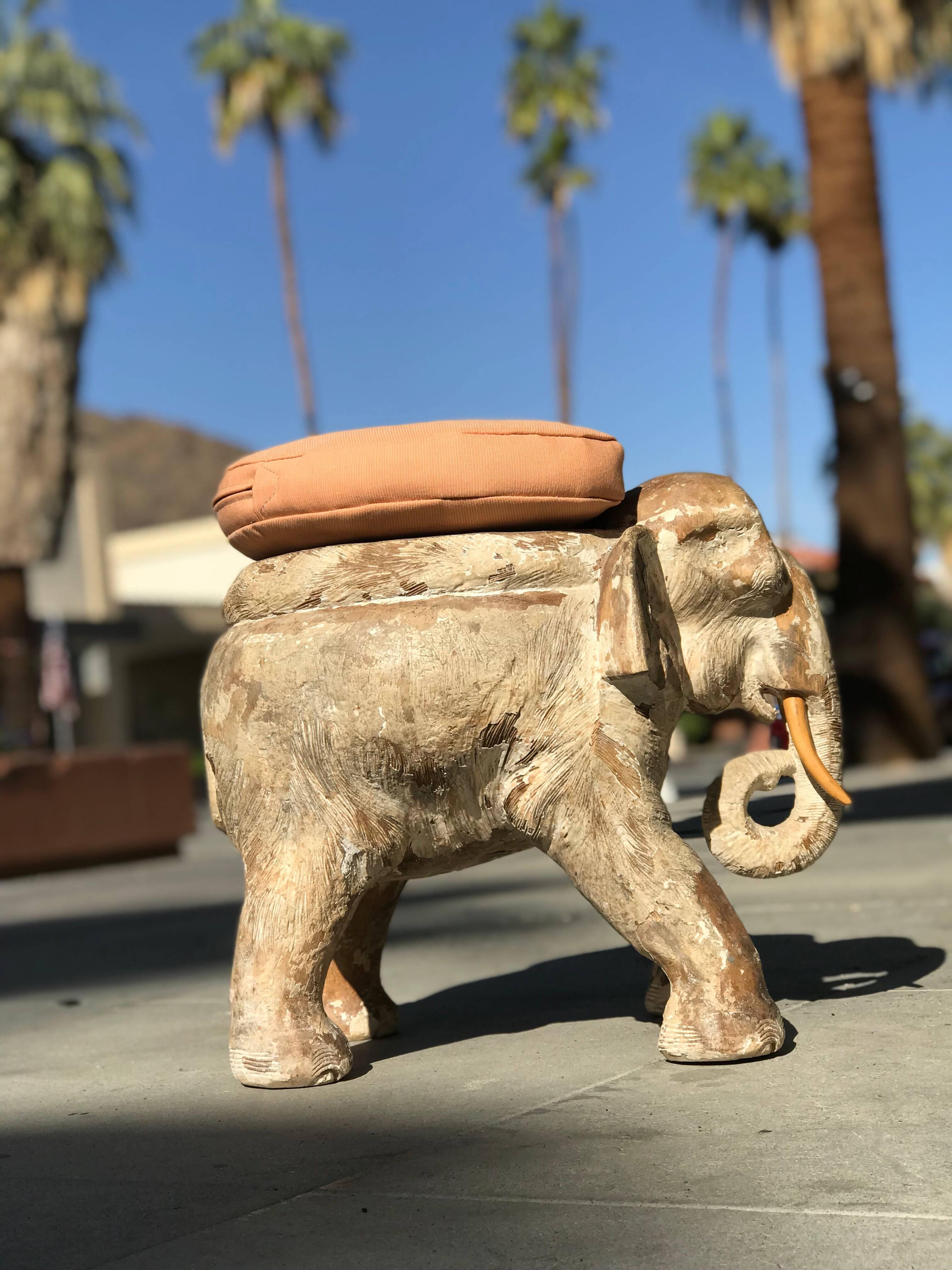 Pair of Antiqued Solid Wood Elephant Stools from the Sinatra Estate  1