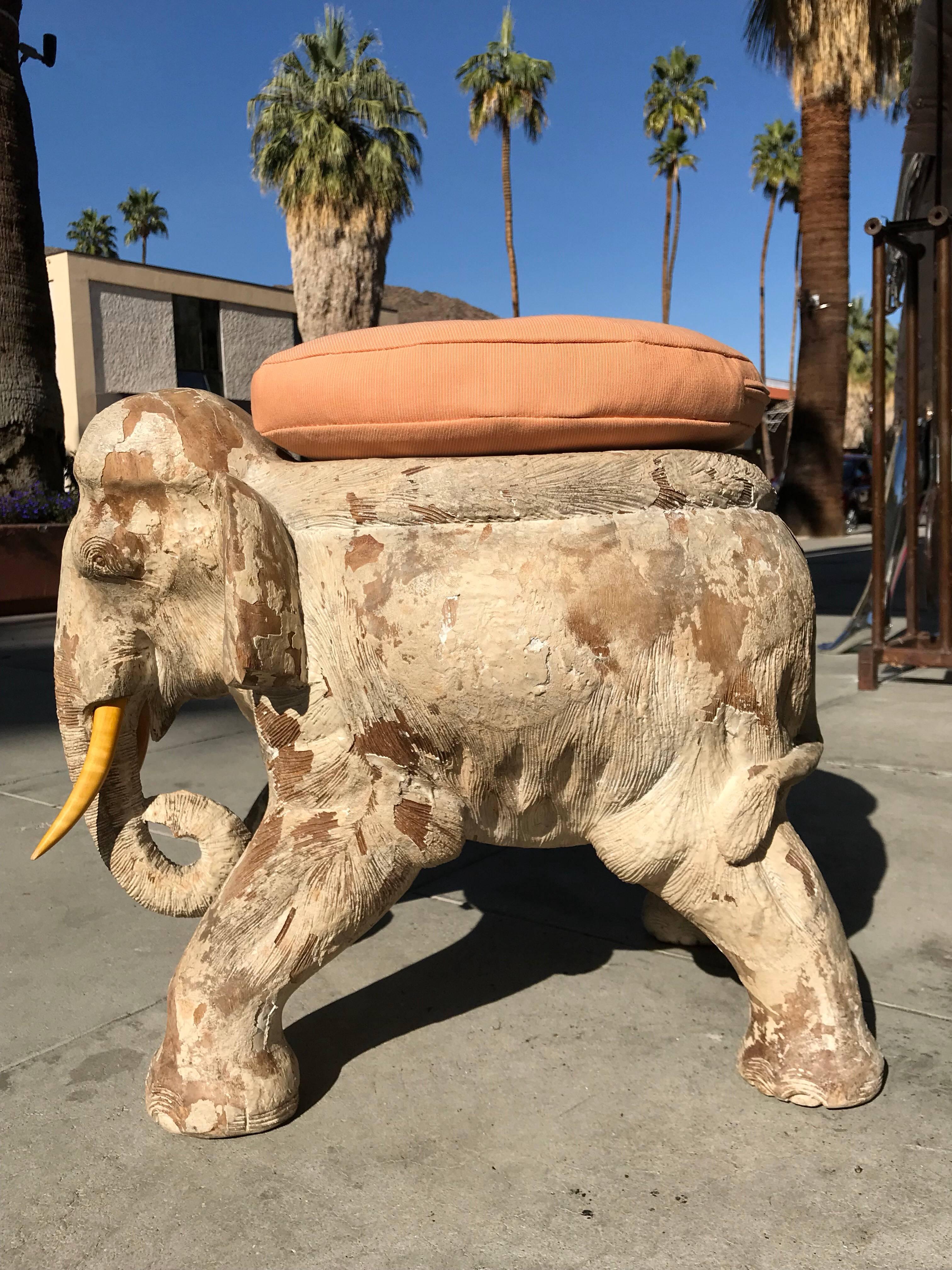 Pair of Antiqued Solid Wood Elephant Stools from the Sinatra Estate  3