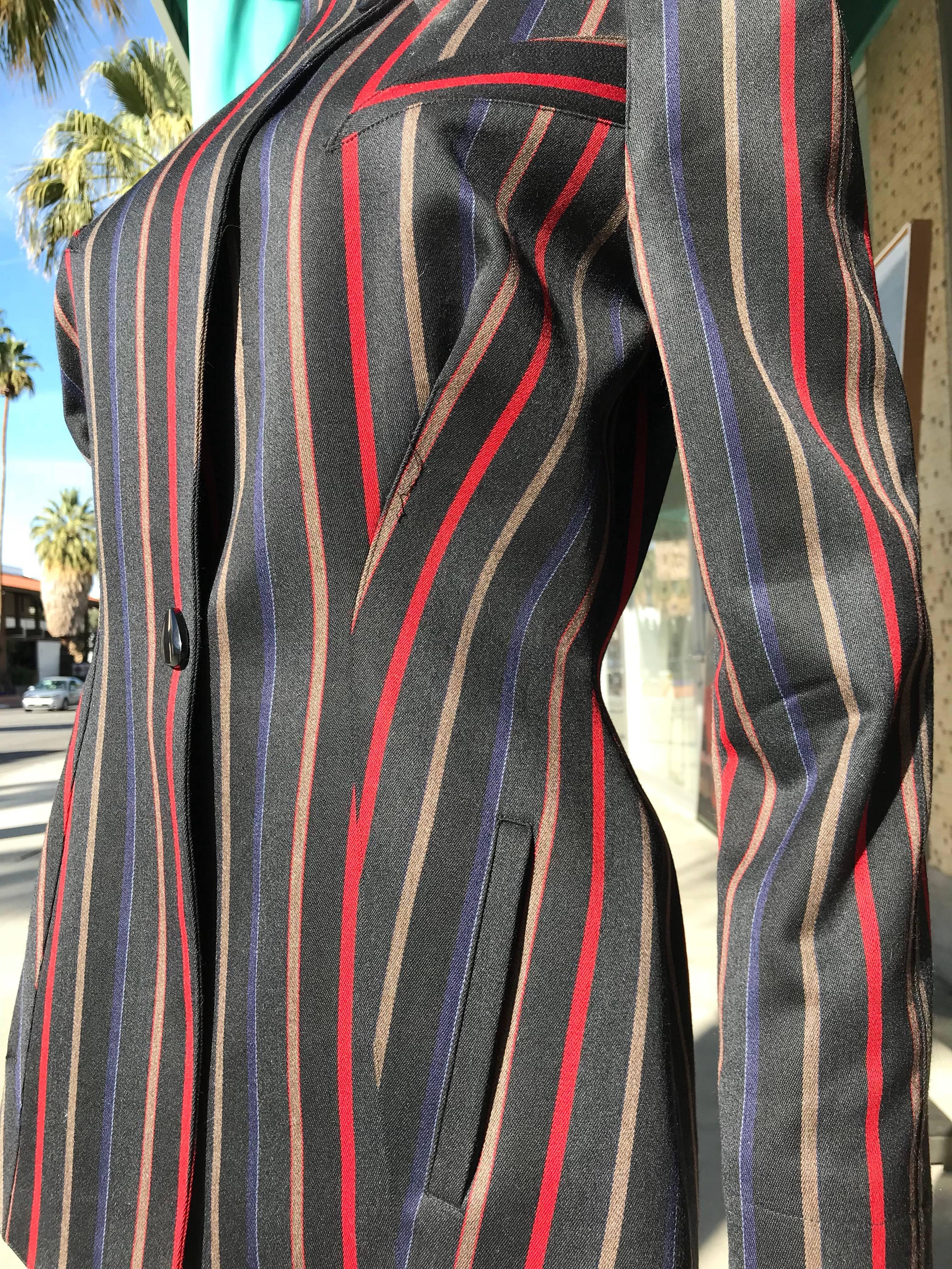 Vintage 1980s Thierry Mugler Asymmetrical Tailored Striped Jacket In Excellent Condition In Palm Springs, CA