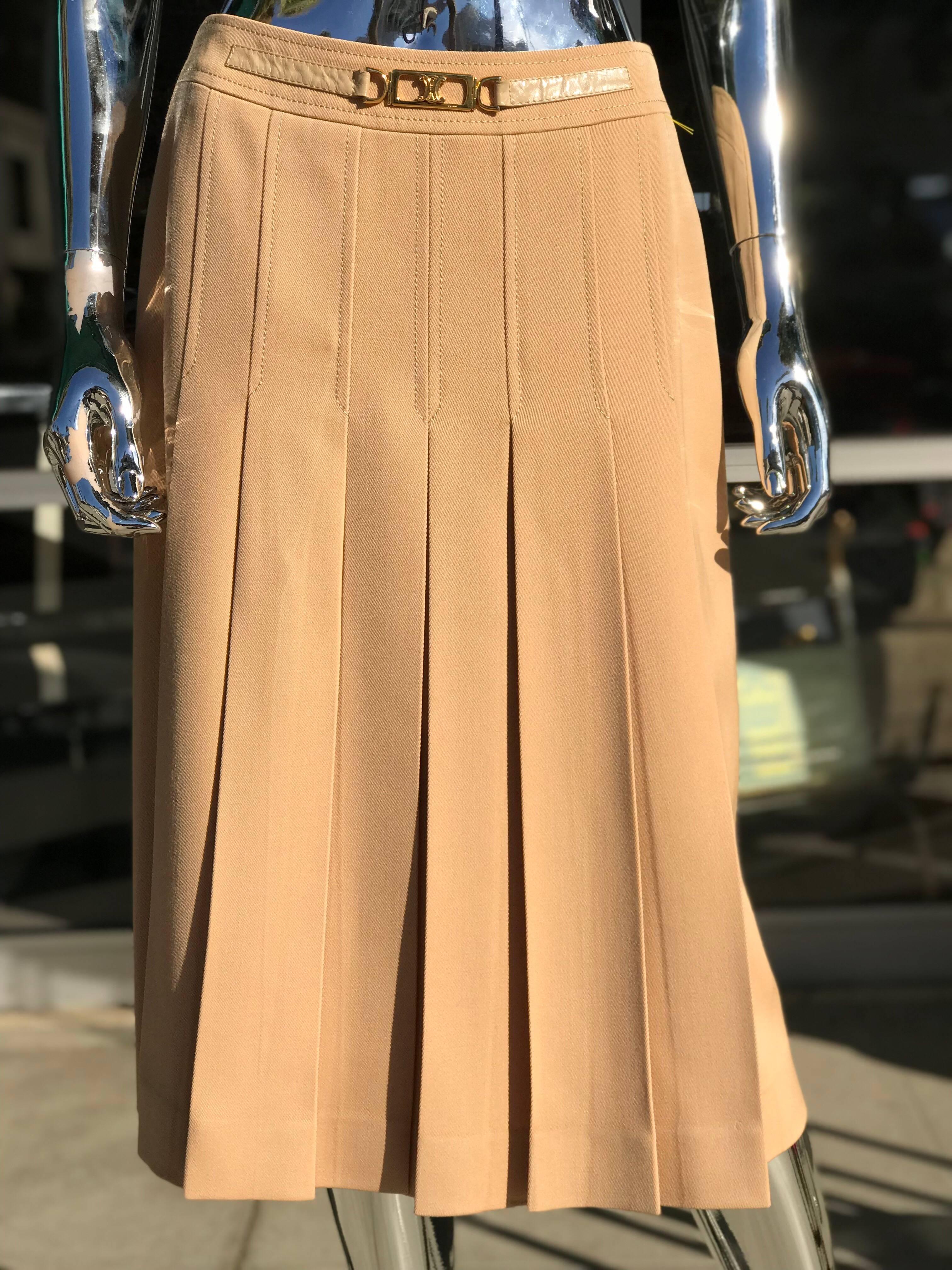 Vintage 1980s Camel Celine Paris Pleated Skirt In Excellent Condition In Palm Springs, CA