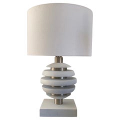 Pair of Vintage Modern White Wood and Brushed Chrome "Orbit" Sphere Lamps