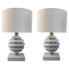 Pair of Vintage Modern White Wood and Brushed Chrome "Orbit" Sphere Lamps