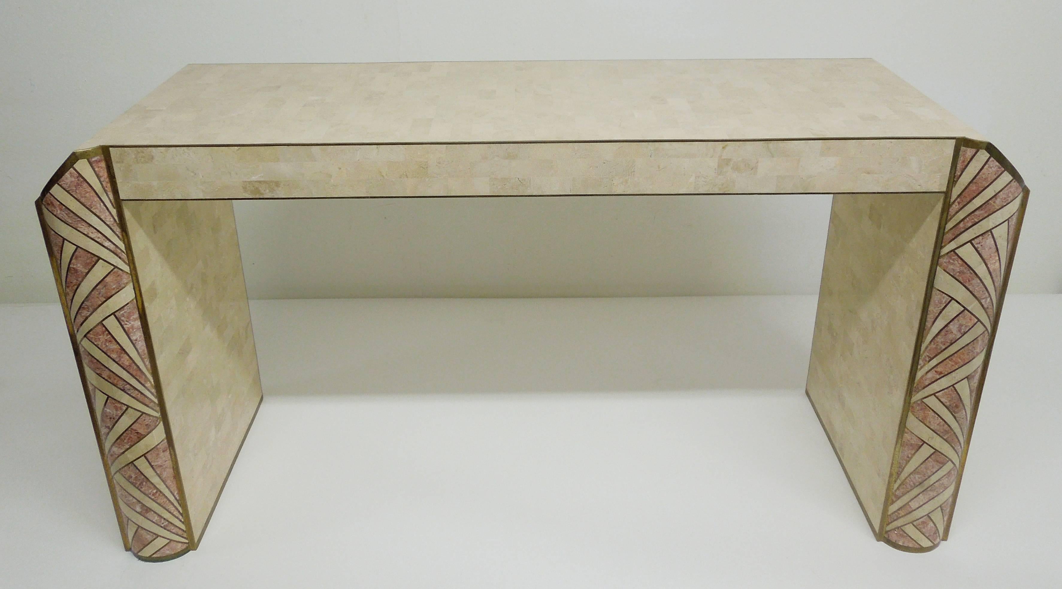 Brass Art Deco Console Table Inlaid Stone by Maitland-Smith