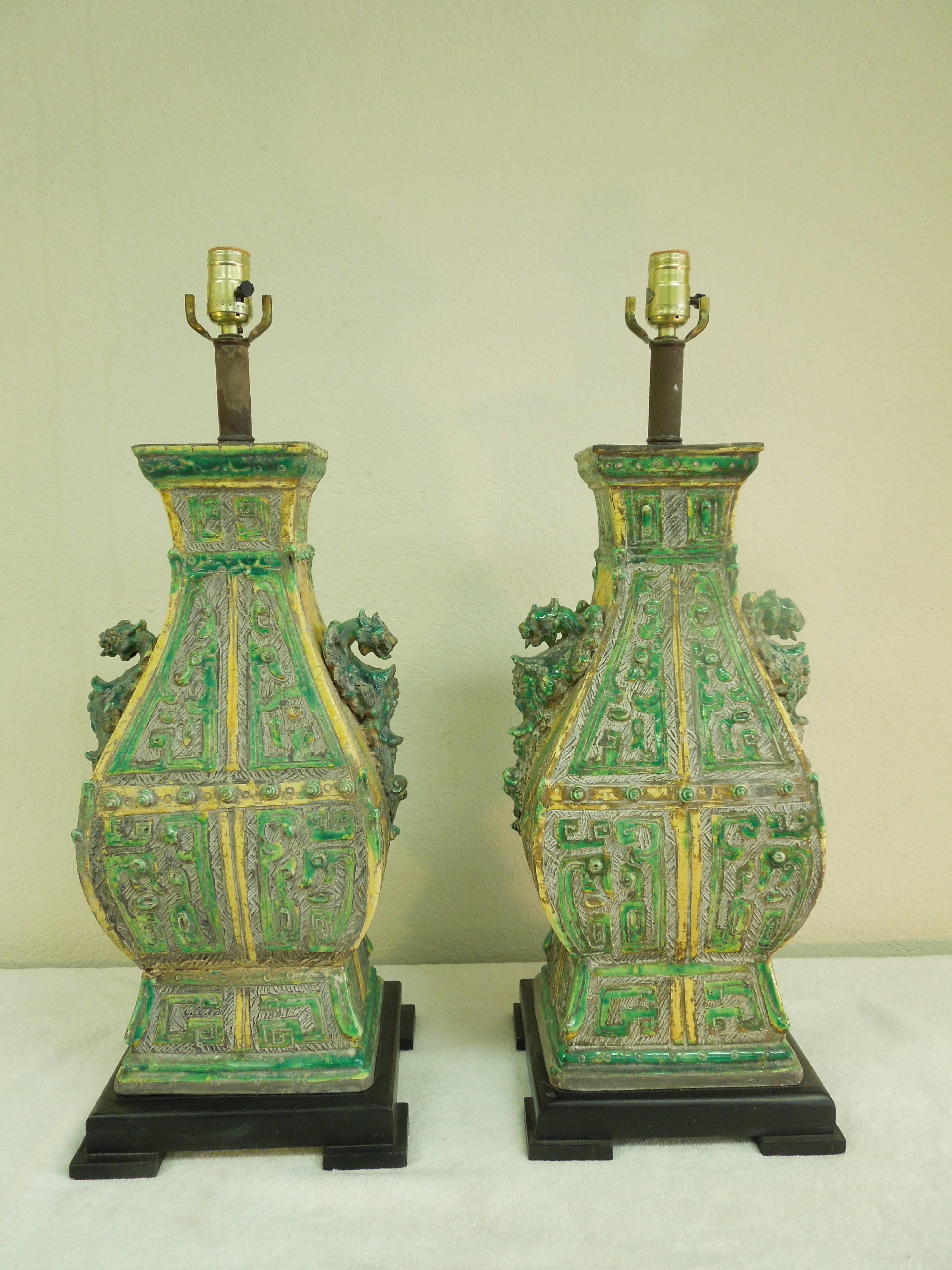 Hand-Crafted Pair of Spectacular Ceramic Vintage Chinoiserie Designer Lamps