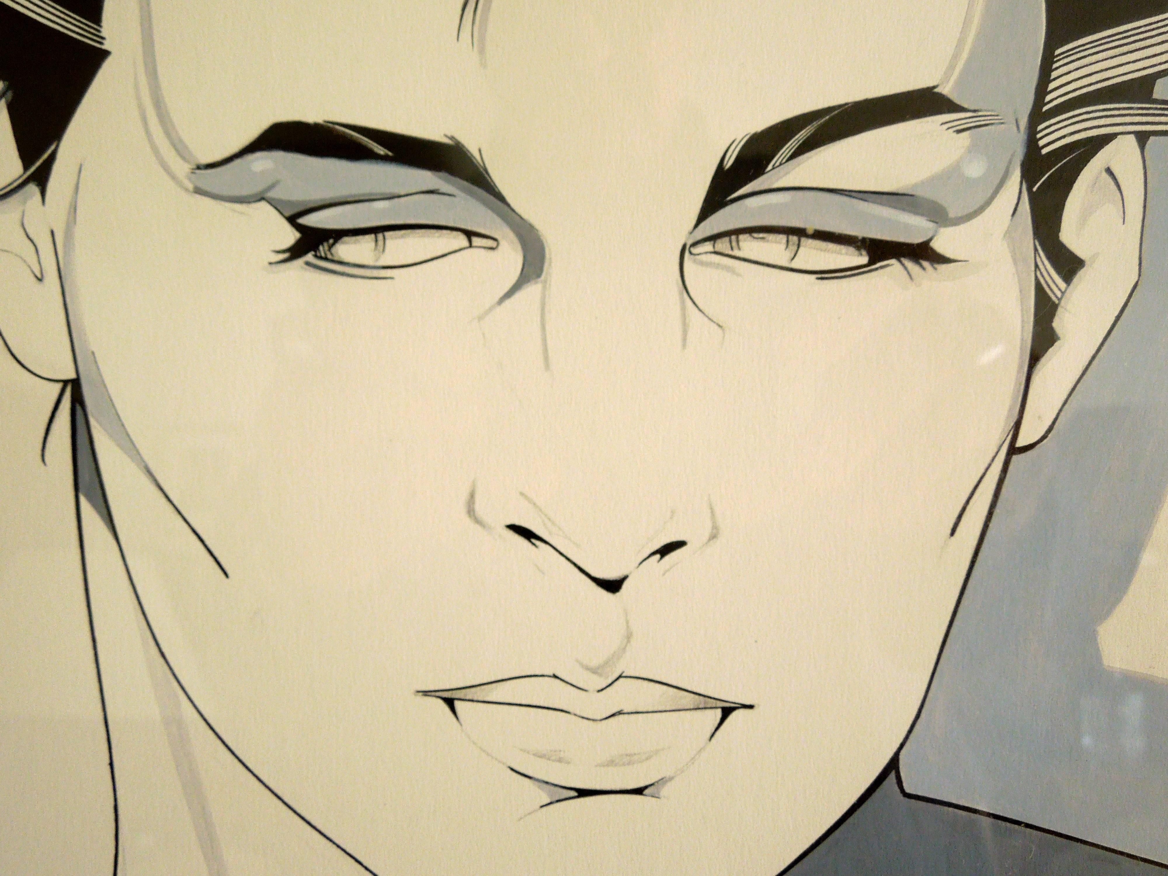 Purchased directly from the estate of Patrick Nagel, a unique acrylic on board (not a silkscreen, this image is hand-painted by Patrick Nagel) of male portrait done in the early 1980s. The image appears full page in the coffee table book of Mr.
