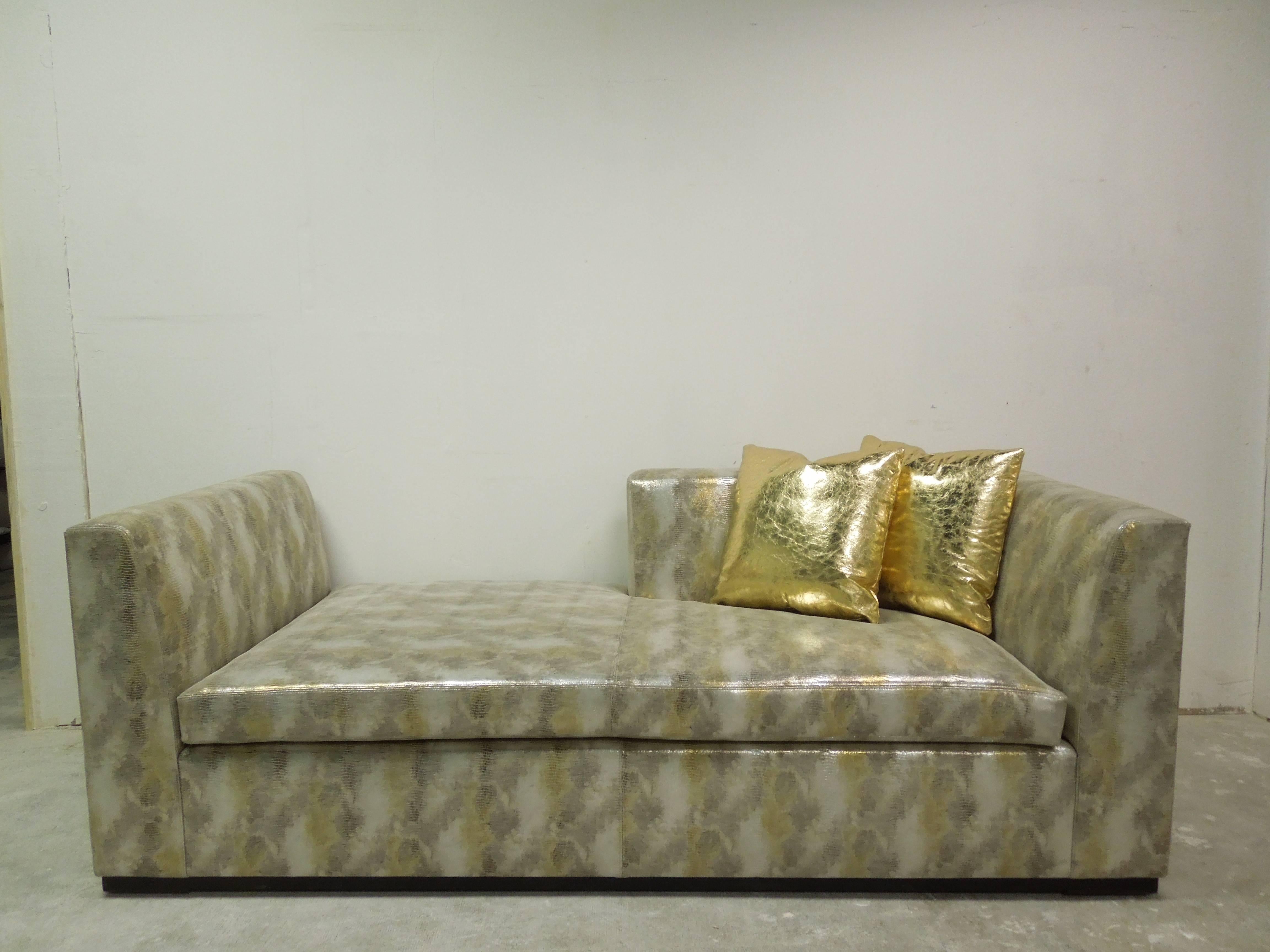 A spectacular, glamorous, high end, piece of one of a kind furniture!  Custom-made sofa made in most expensive designer metallic textured leather in mottled silver, gold and bronze. Hand made in Los Angeles Design Factory. Designed with custom-made