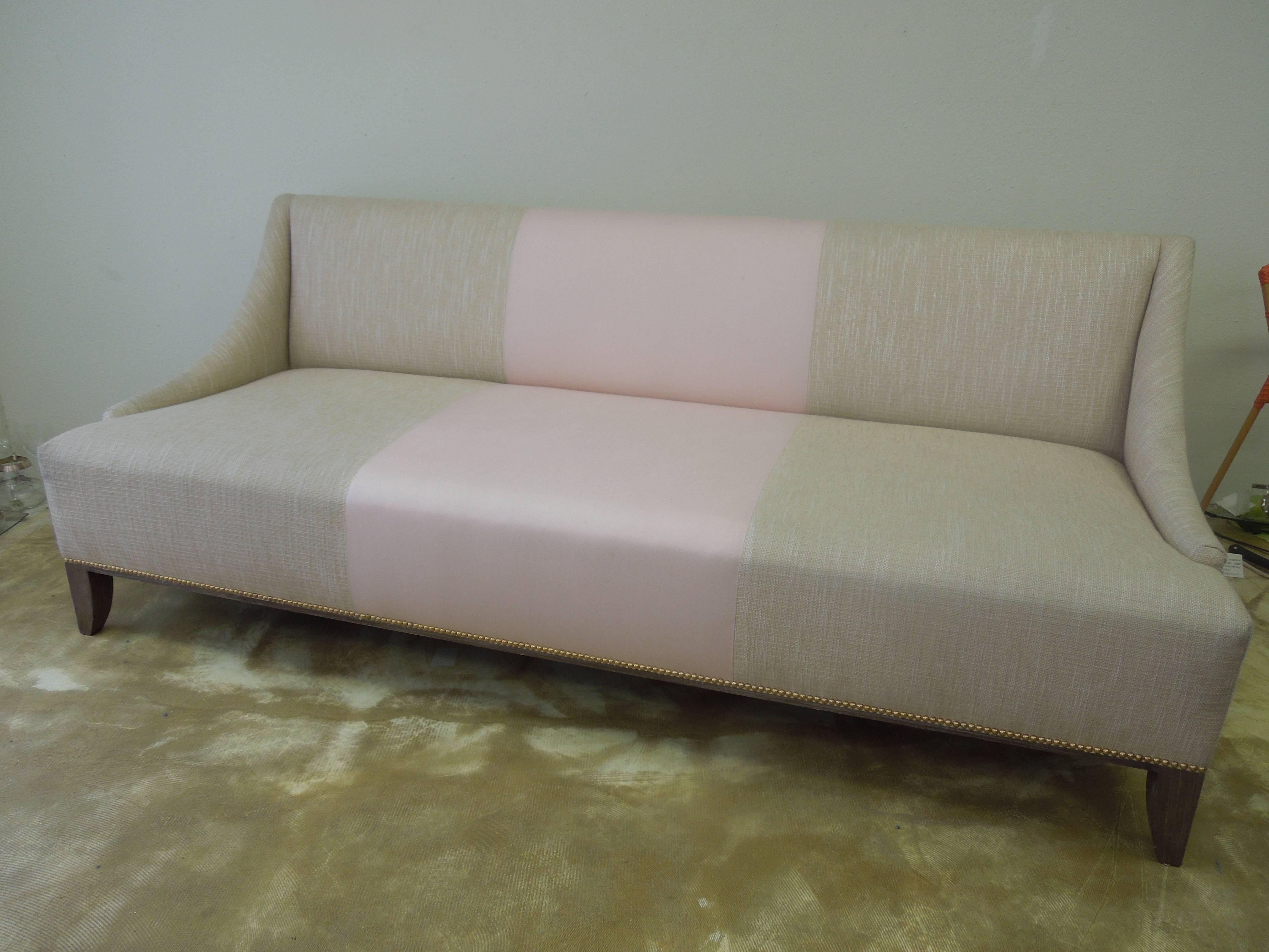 Contemporary Modern Tan Linen & Pink Custom-Made Fashion Sofa In Good Condition In Palm Springs, CA