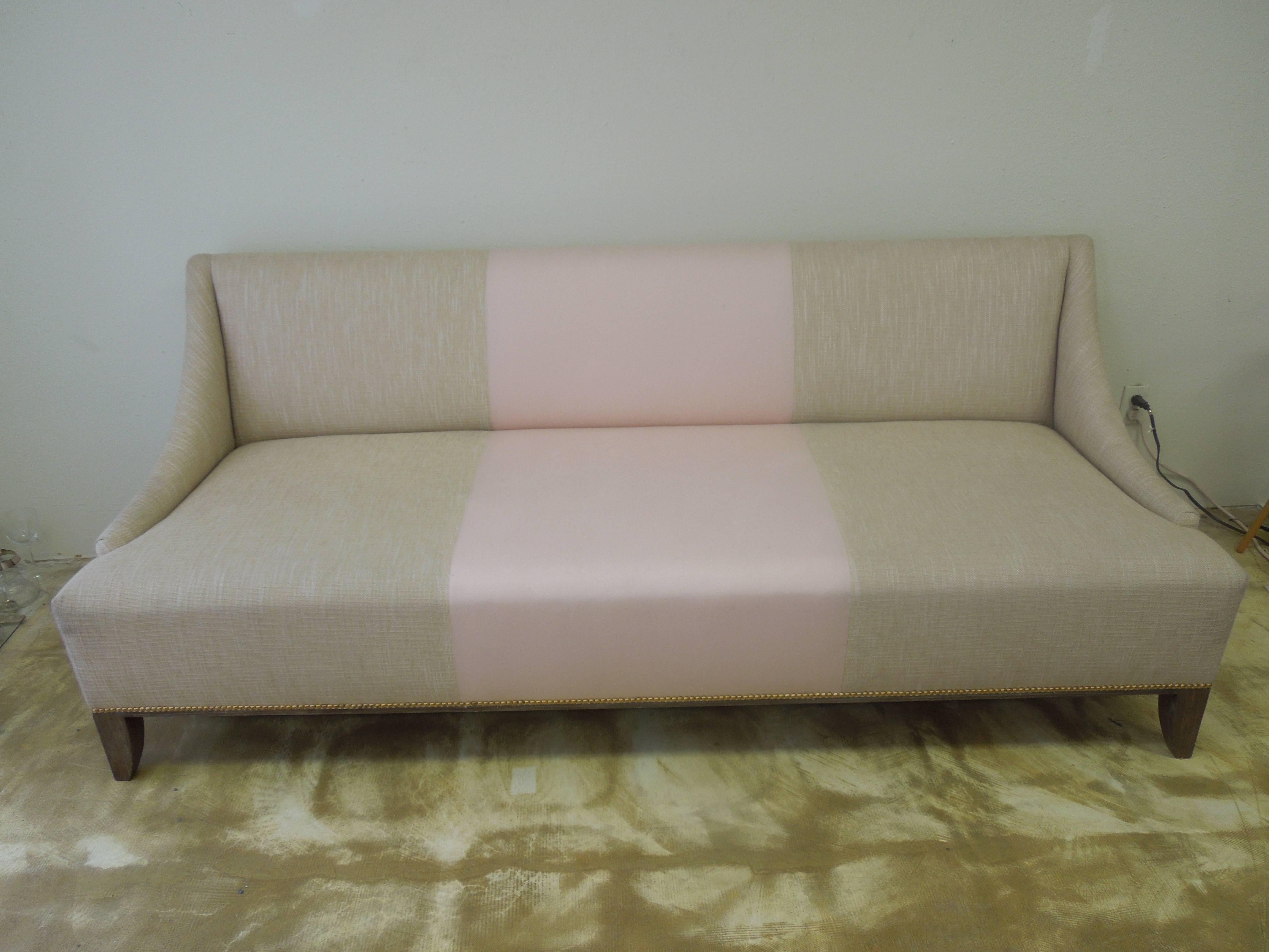 Fabric Contemporary Modern Tan Linen & Pink Custom-Made Fashion Sofa