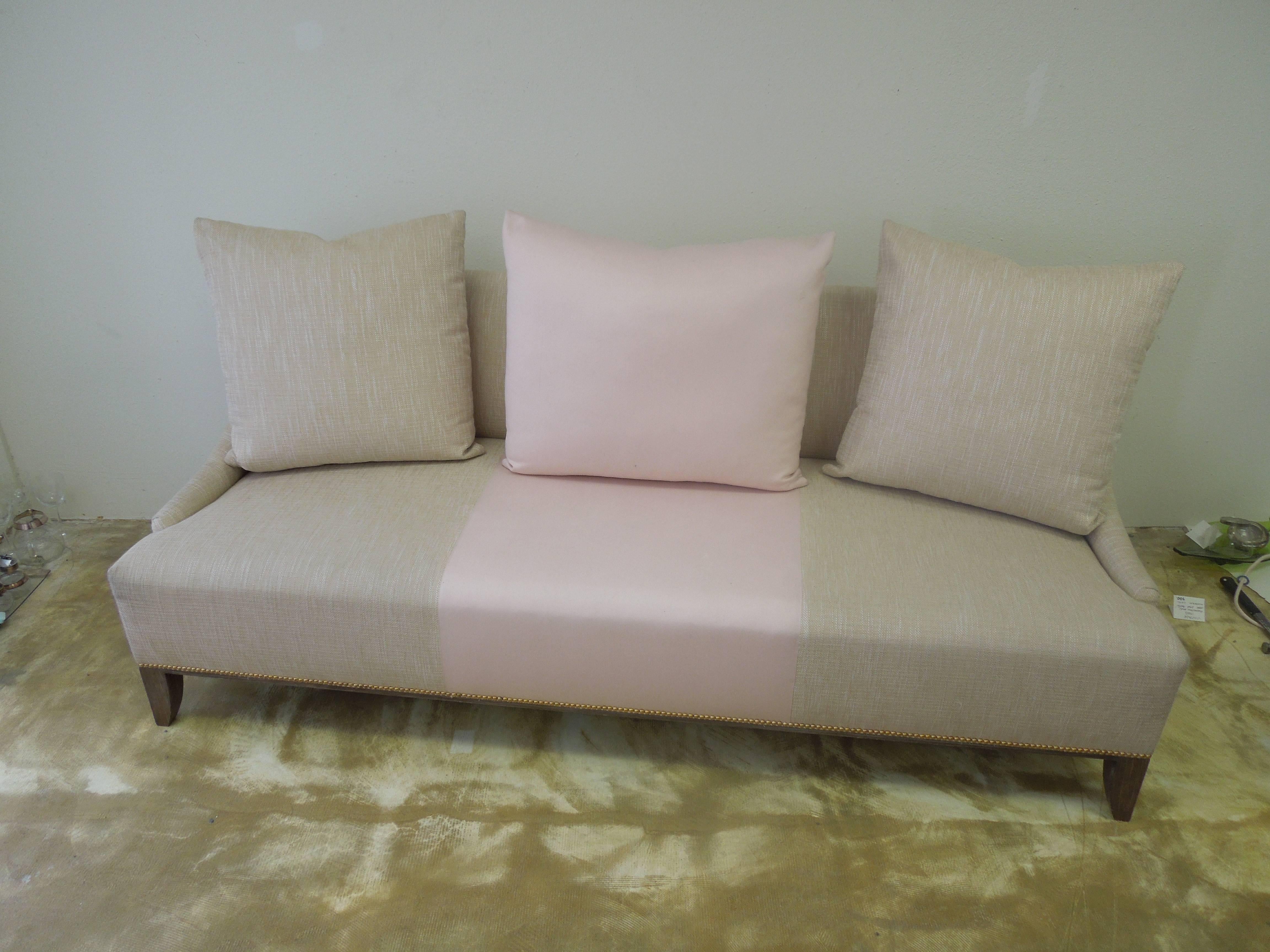 Contemporary Modern Tan Linen & Pink Custom-Made Fashion Sofa 1