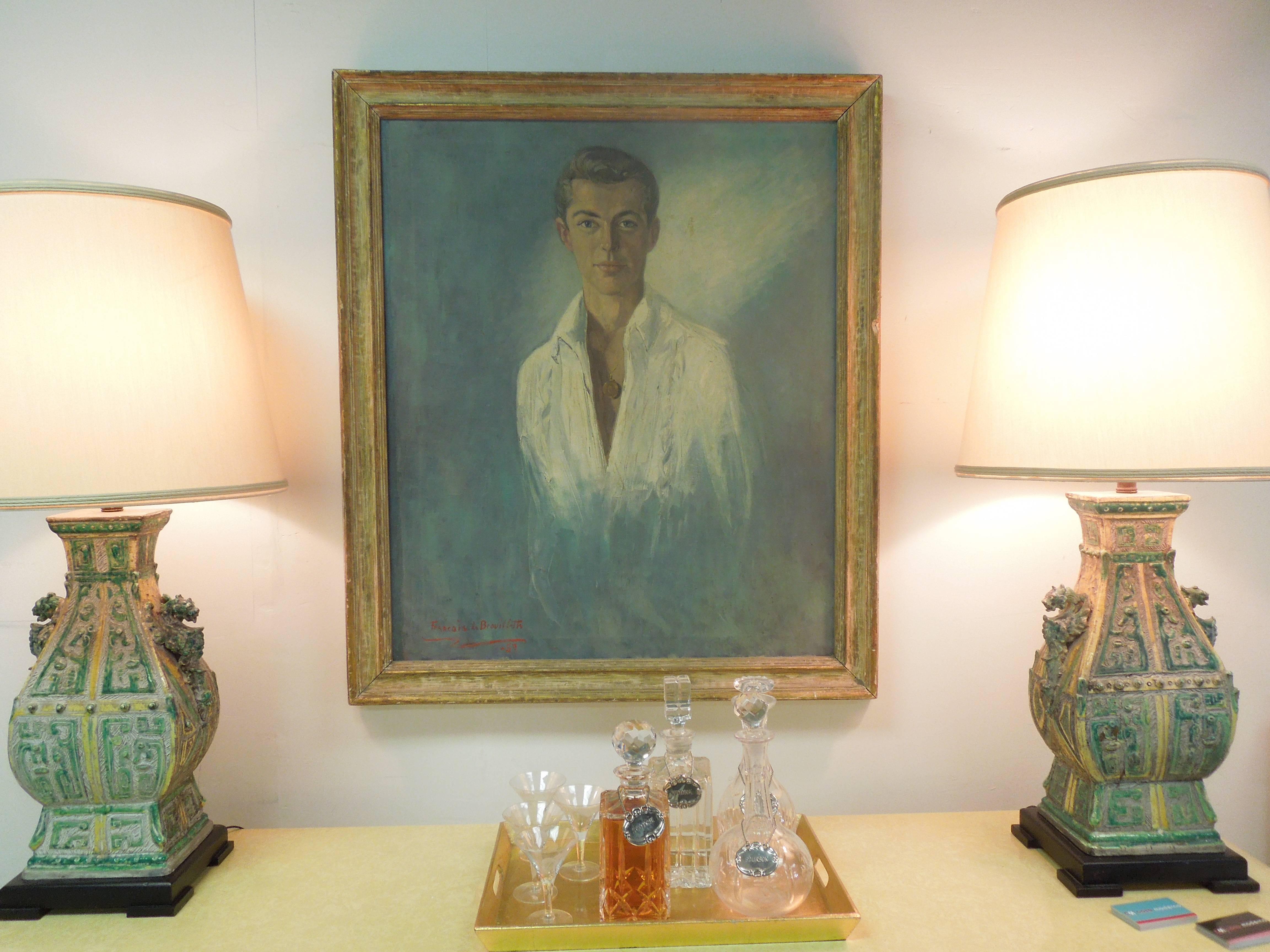 A Large beautiful portrait of Mr. Bill Harwood painted in 1959 by listed portrait artist, Francois de Brouillette. Obtains original beautiful frame. Interesting Detailed info on back of painting. Mr. Harwood was a handsome actor in Hollywood, CA.