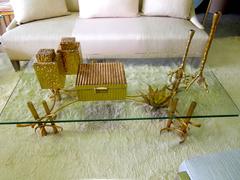 1960s Gilt Lotus Flower Brutalist Gold Leaf Coffee Table