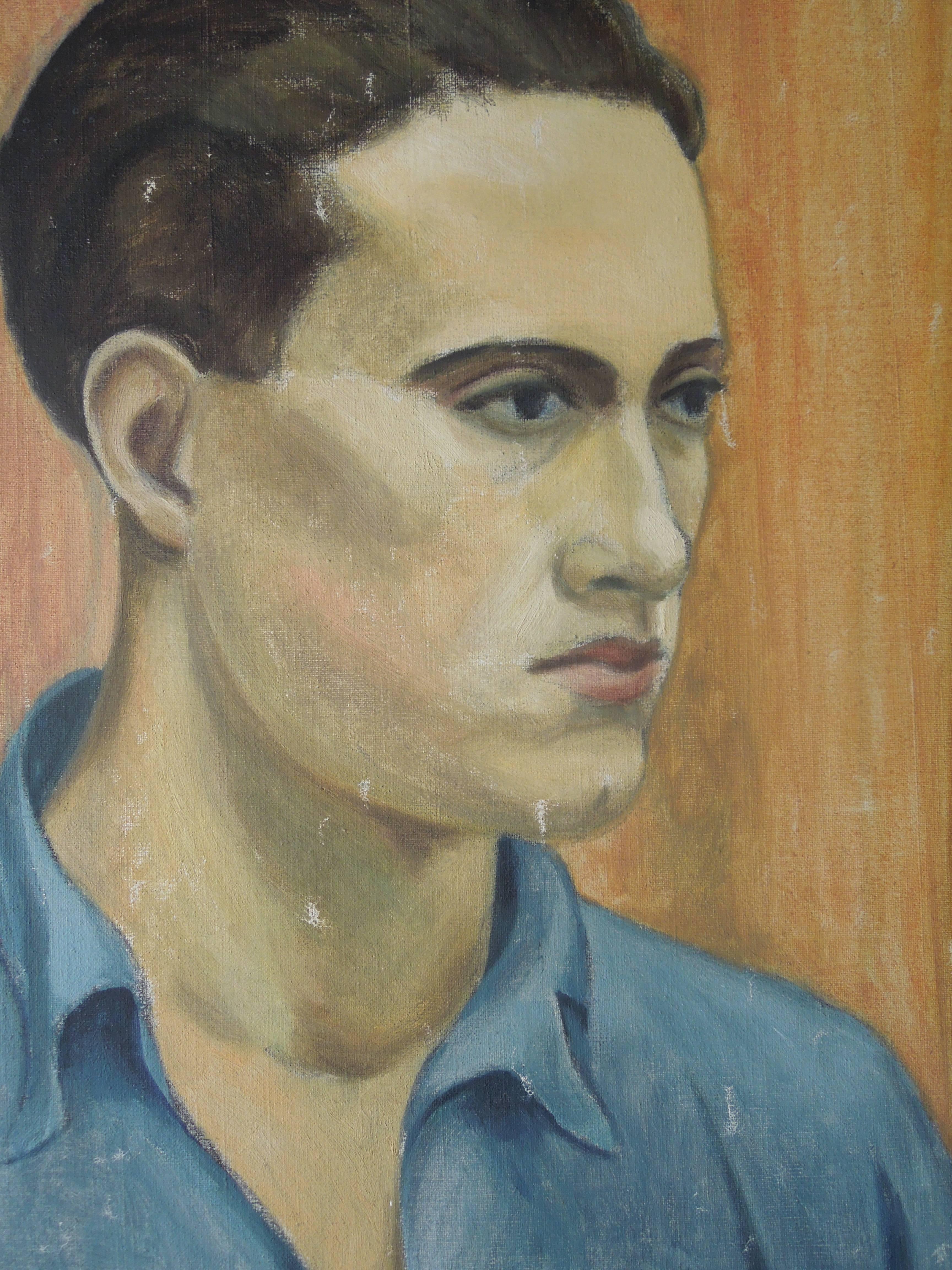 Painted by Portland, Oregon WPA Artist, Edward Sewall (1905-2000) is this fine, 1940s oil on canvas of very handsome man. Original owner purchased directly from the artist before his death. Amazing colors and beautiful painted silver frame.