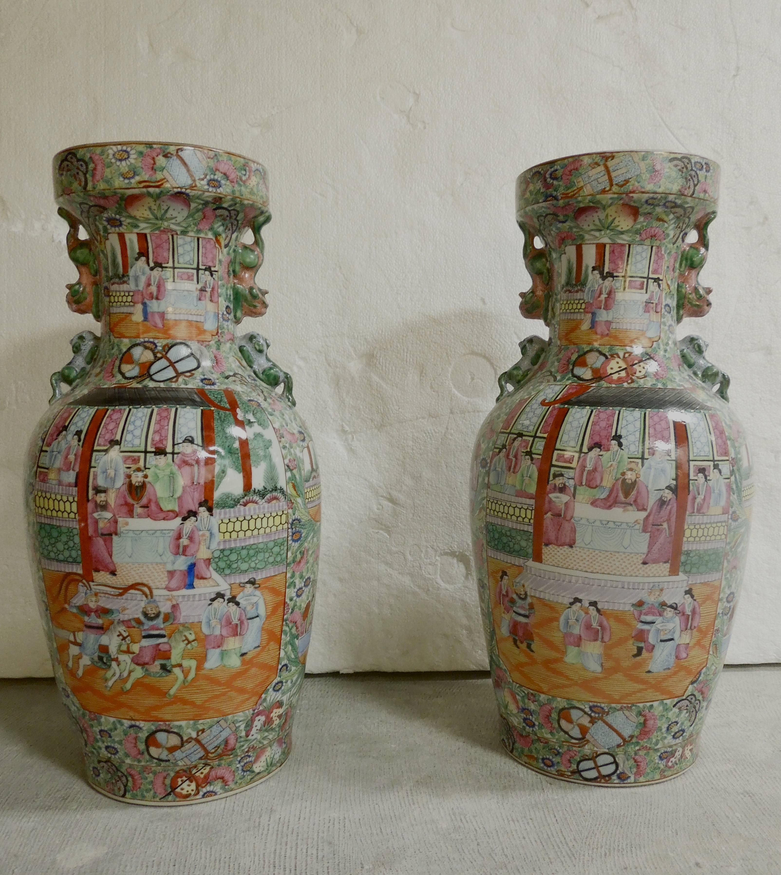 Ceramic Pair of Large Stunning Designer Chinoiserie Family Dynasty Urns