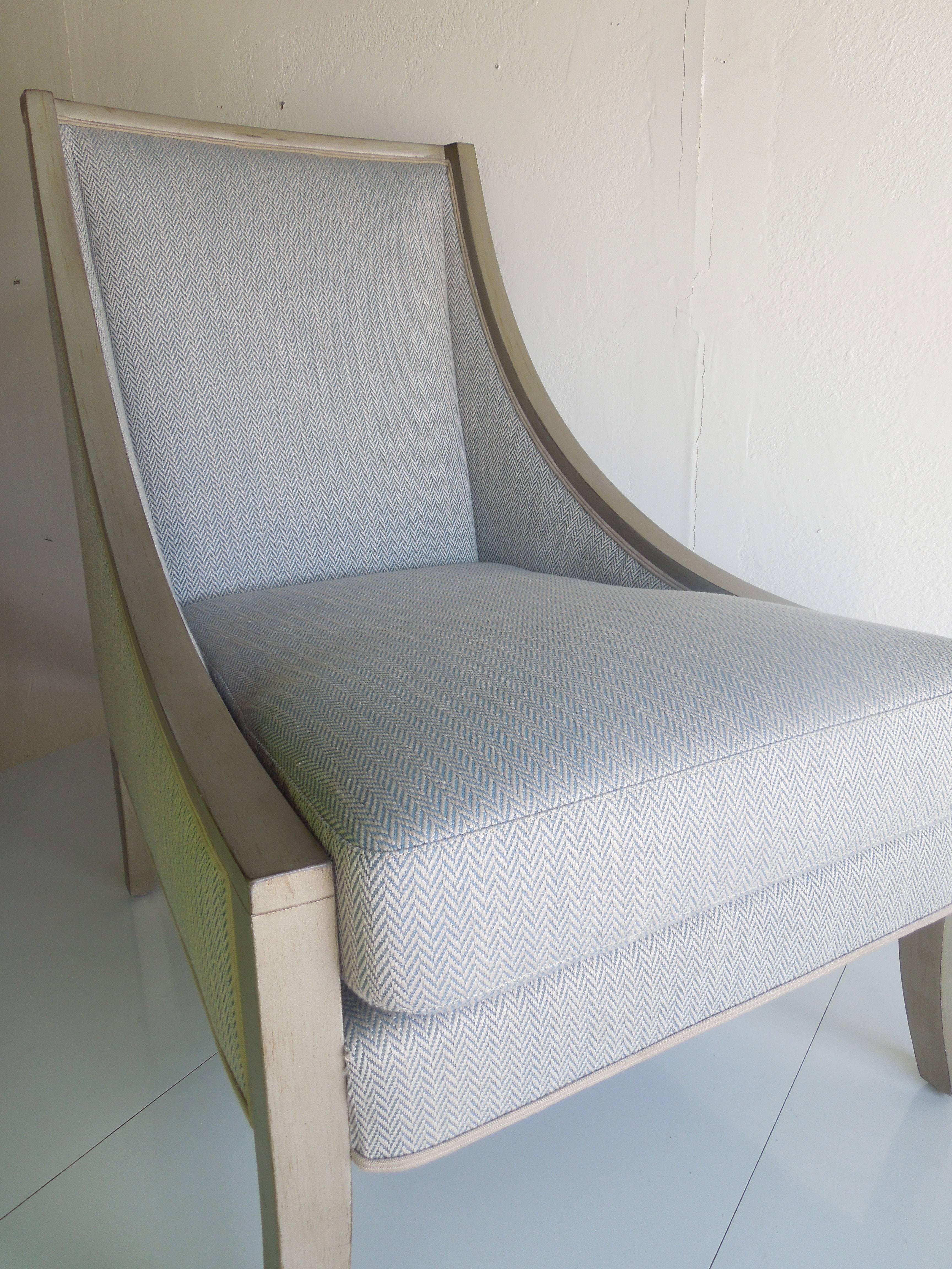 A beautiful custom-made slipper chair. Upholstered in a very high end blue and crème herringbone chair with antique solver wood frame is accented with a designer whimsical and very chic bird print. Made in Los Angeles by expert craftsmen used by
