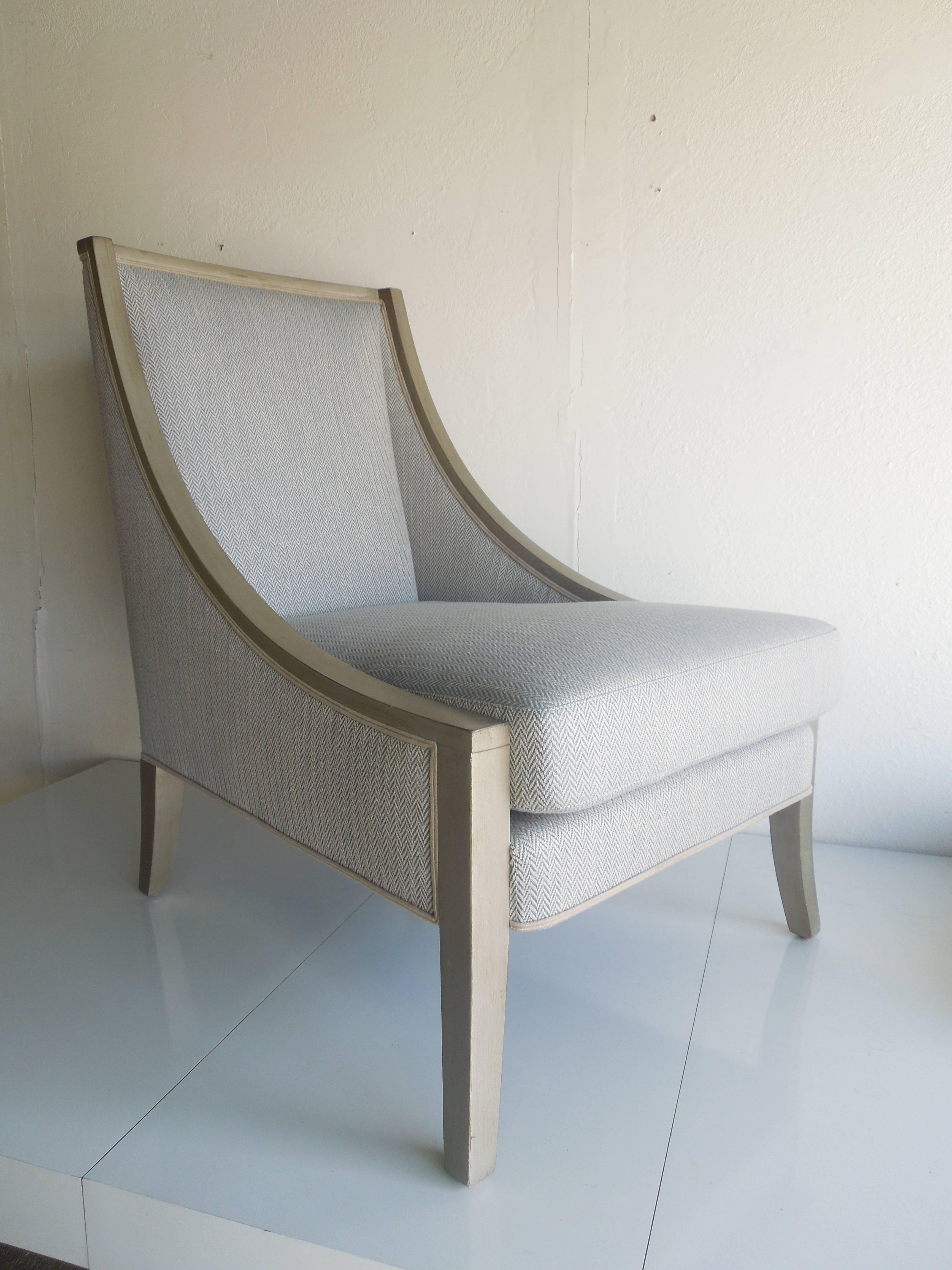 Hand-Crafted Hollywood Regency Modern Custom Made Herringbone Silver Slipper Chair