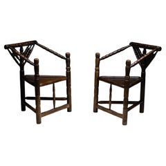 Pair of Rare English Turner’s Tripod Modern Vintage Wood Carved Chairs
