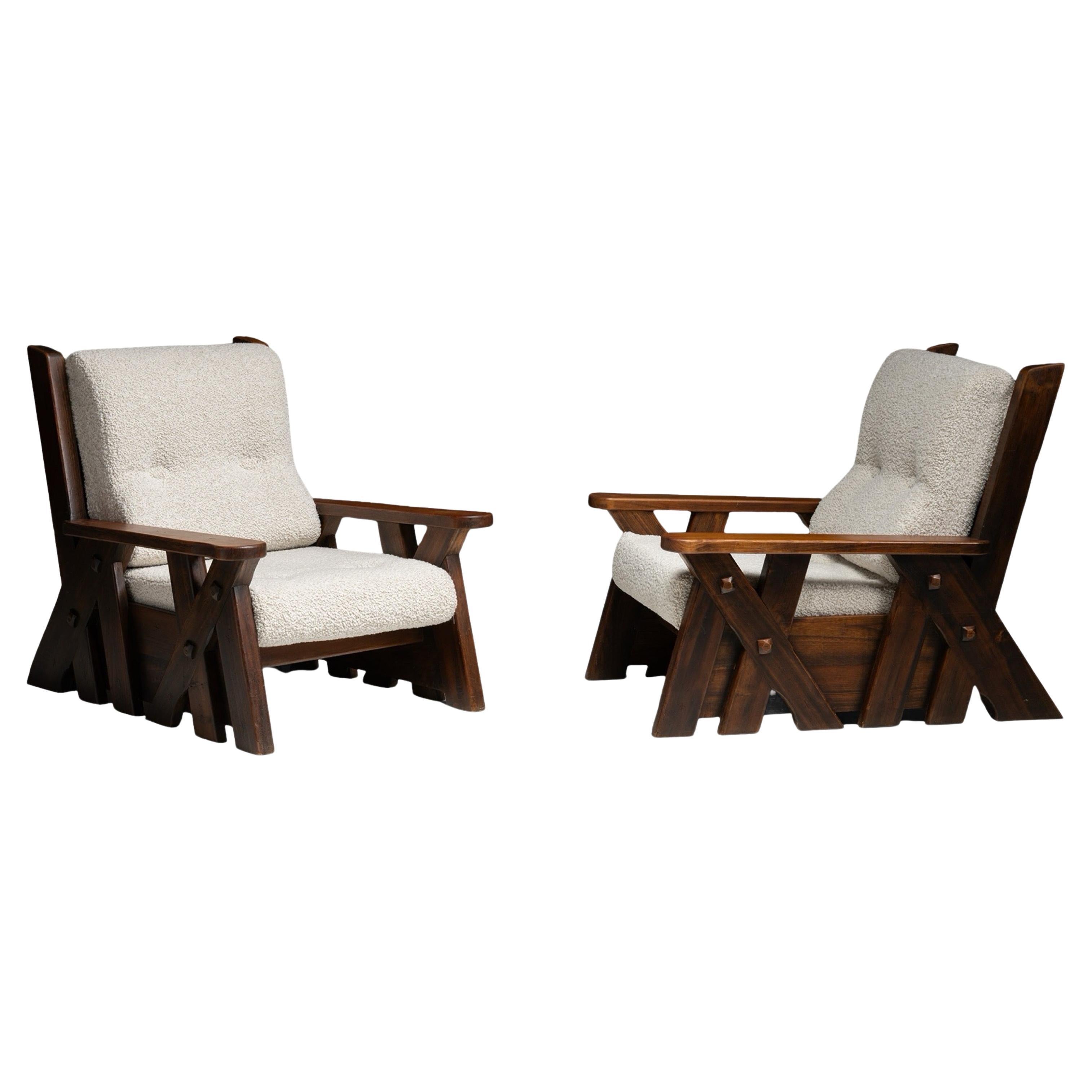 Brutalist Style French 1970s Pair of Elm Wood Armchairs New Bouclé Fabric